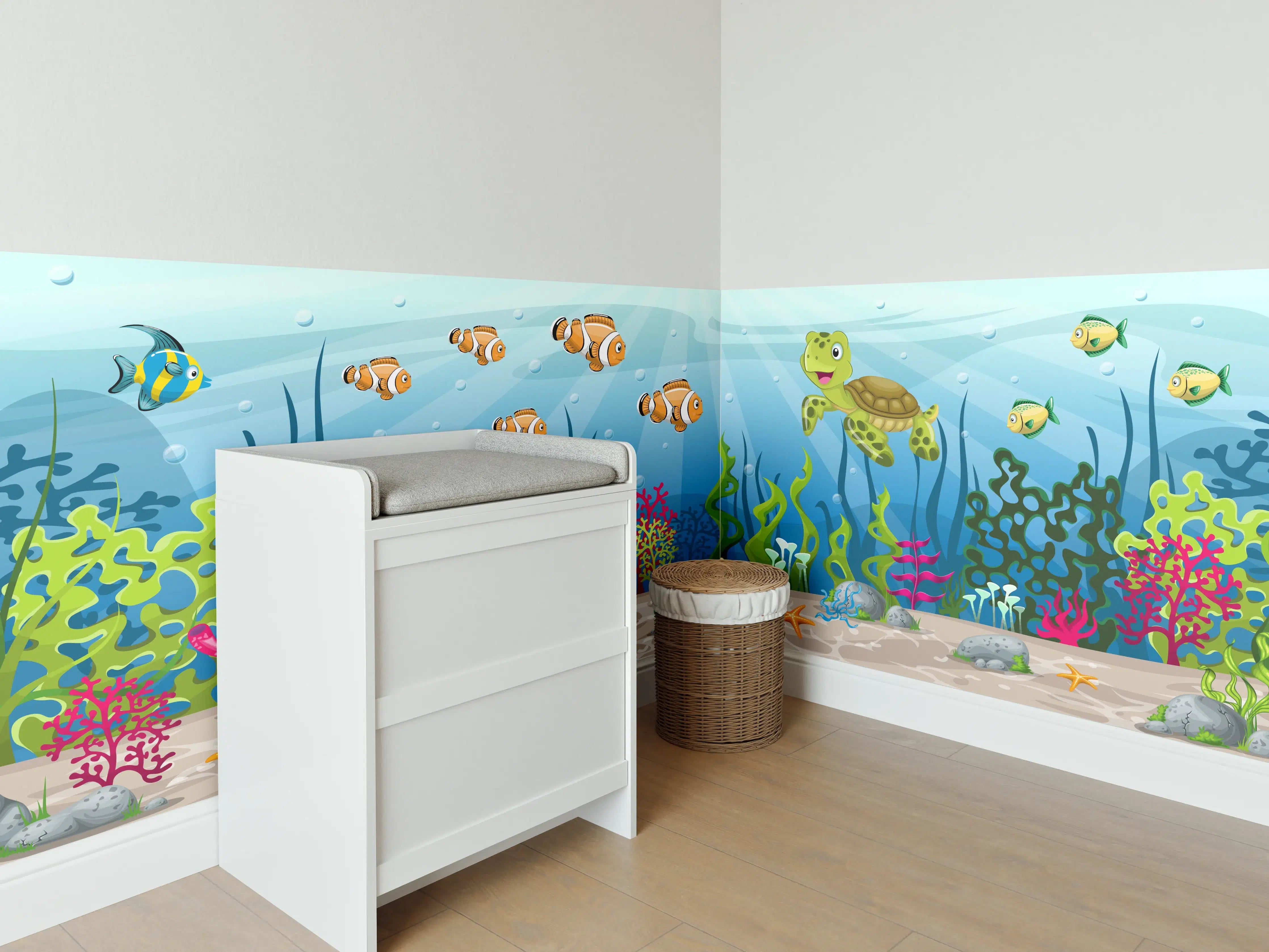 Babyzimmer Wandgestaltung - Bunte Meereswelt mit Fischen und Schildkröte