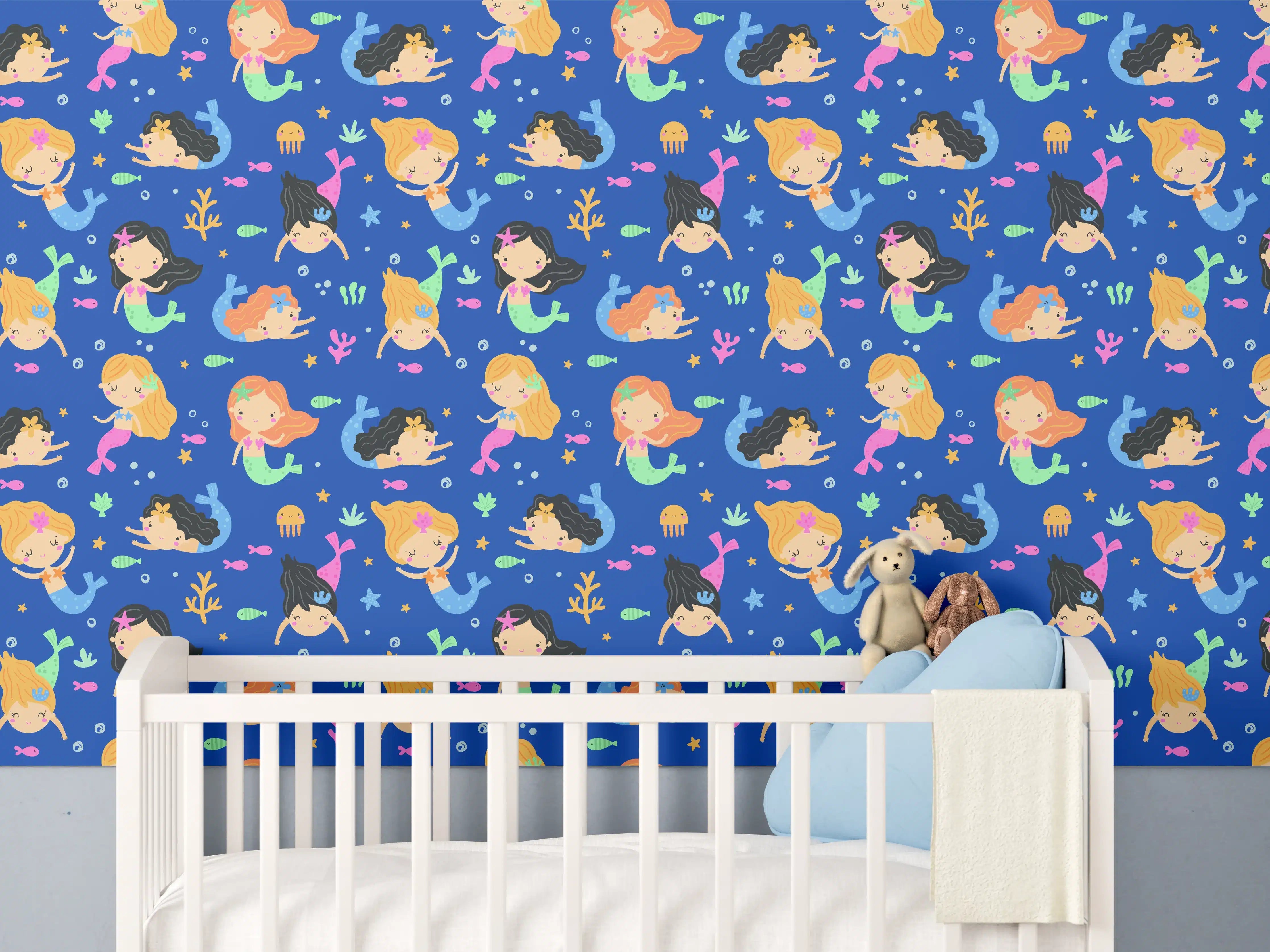 Babyzimmer Wandgestaltung - Bunte Meerjungfrauen und Fische auf blauer Grund