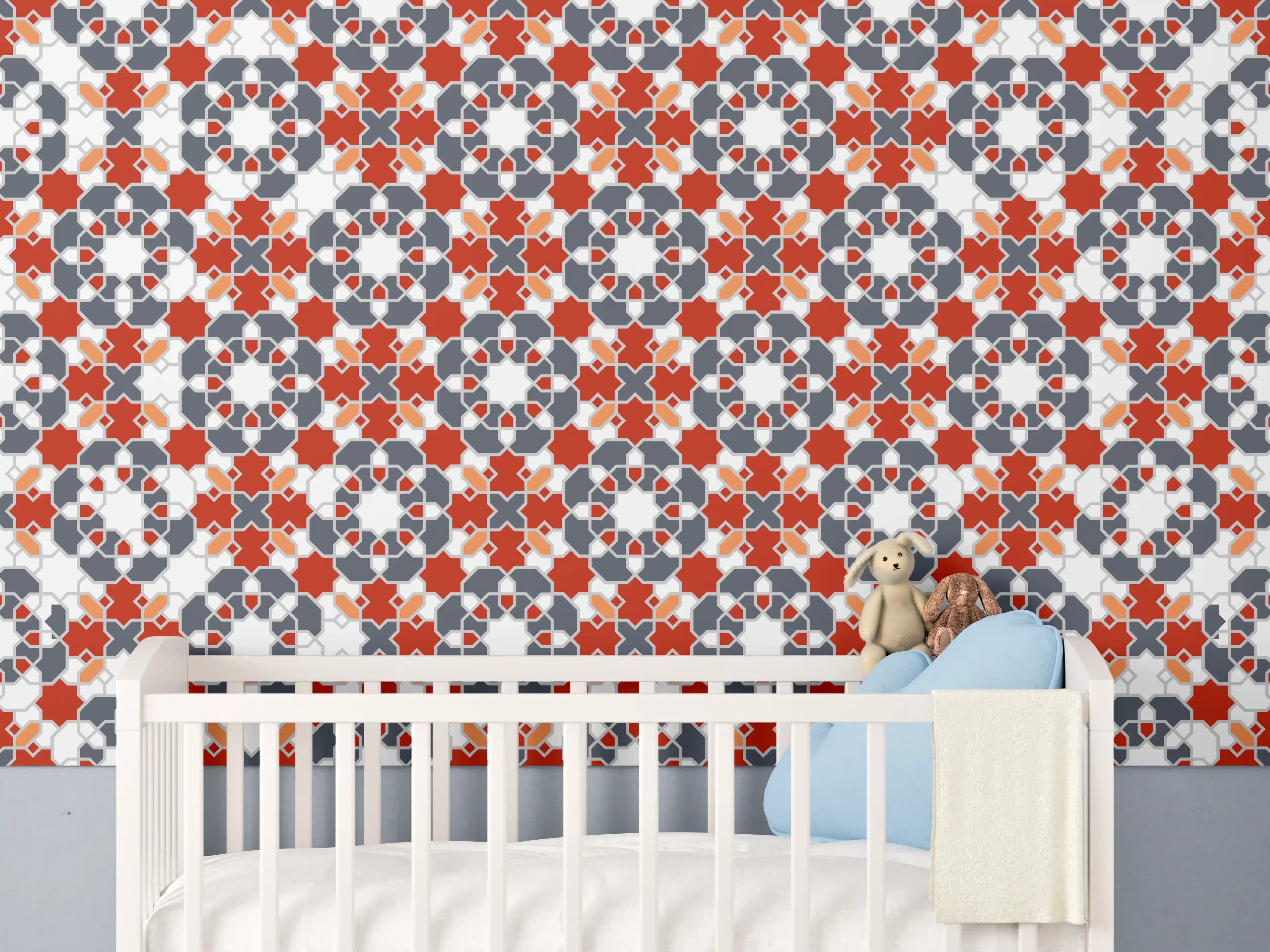 Babyzimmer Wandgestaltung - Bunte Mosaikmuster in Rot, Blau und Beige
