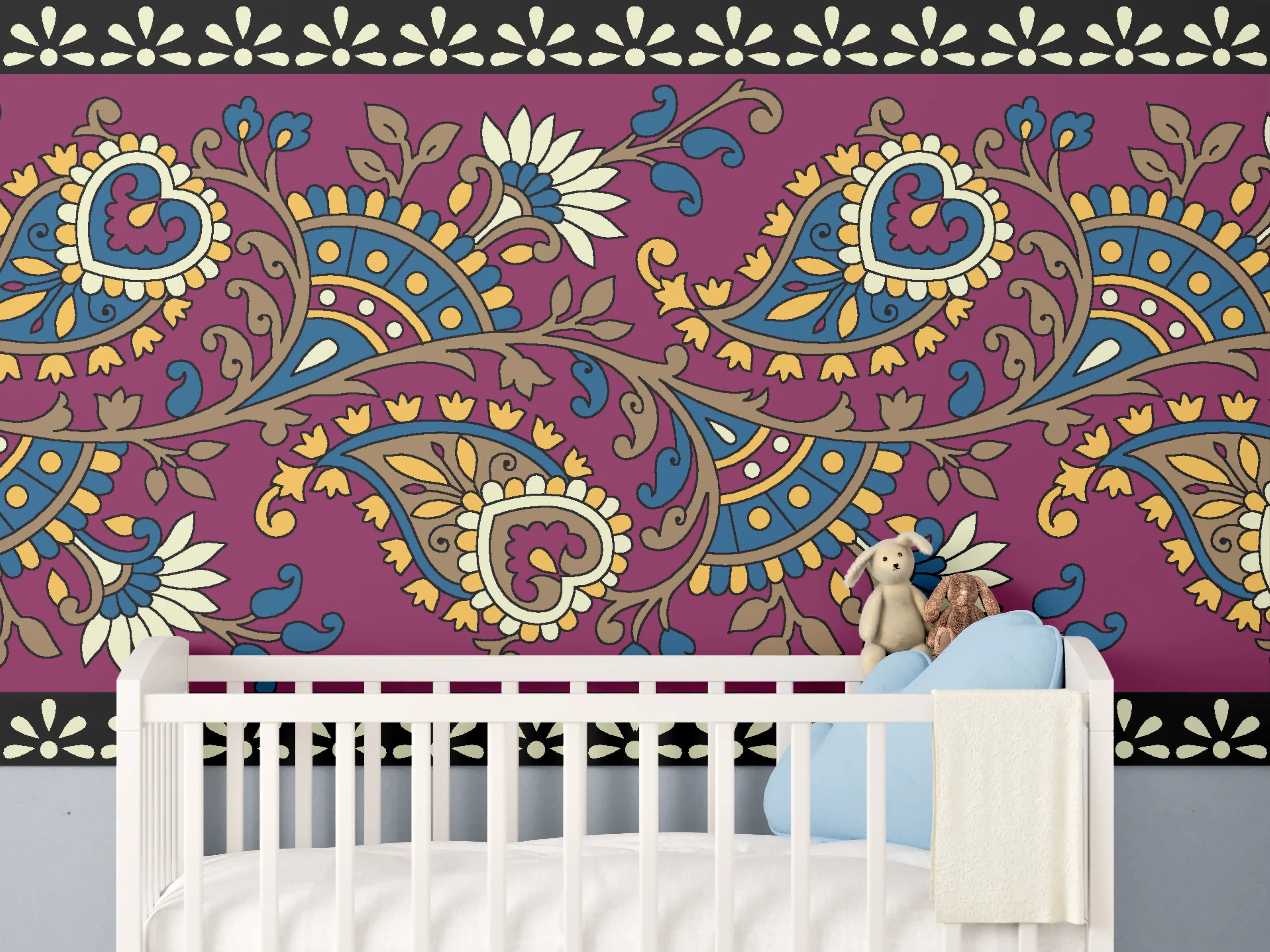 Babyzimmer Wandgestaltung - Bunte Paisleymuster mit floralem Dekor