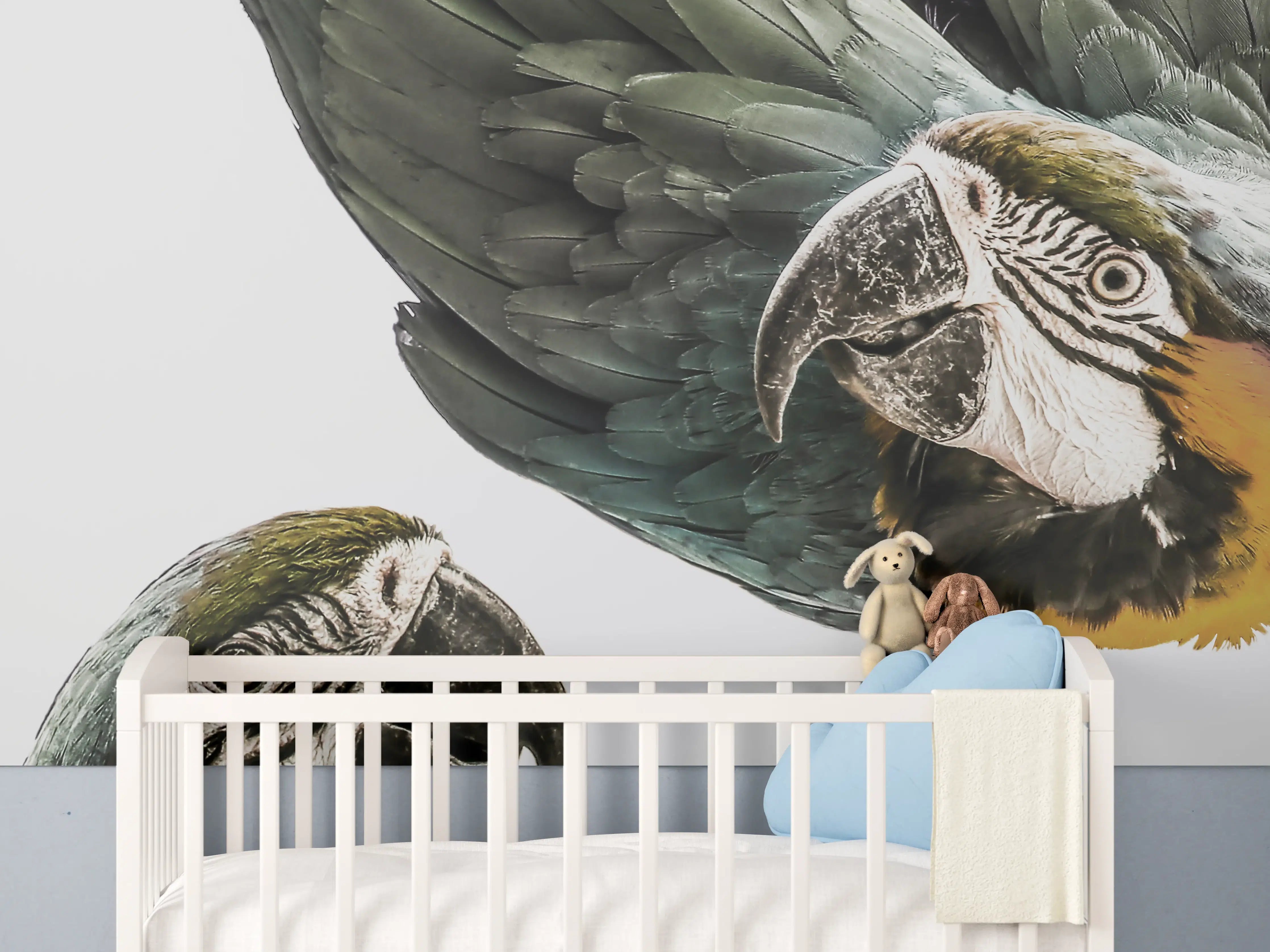 Babyzimmer Wandgestaltung - Bunte Papageien in High-Key