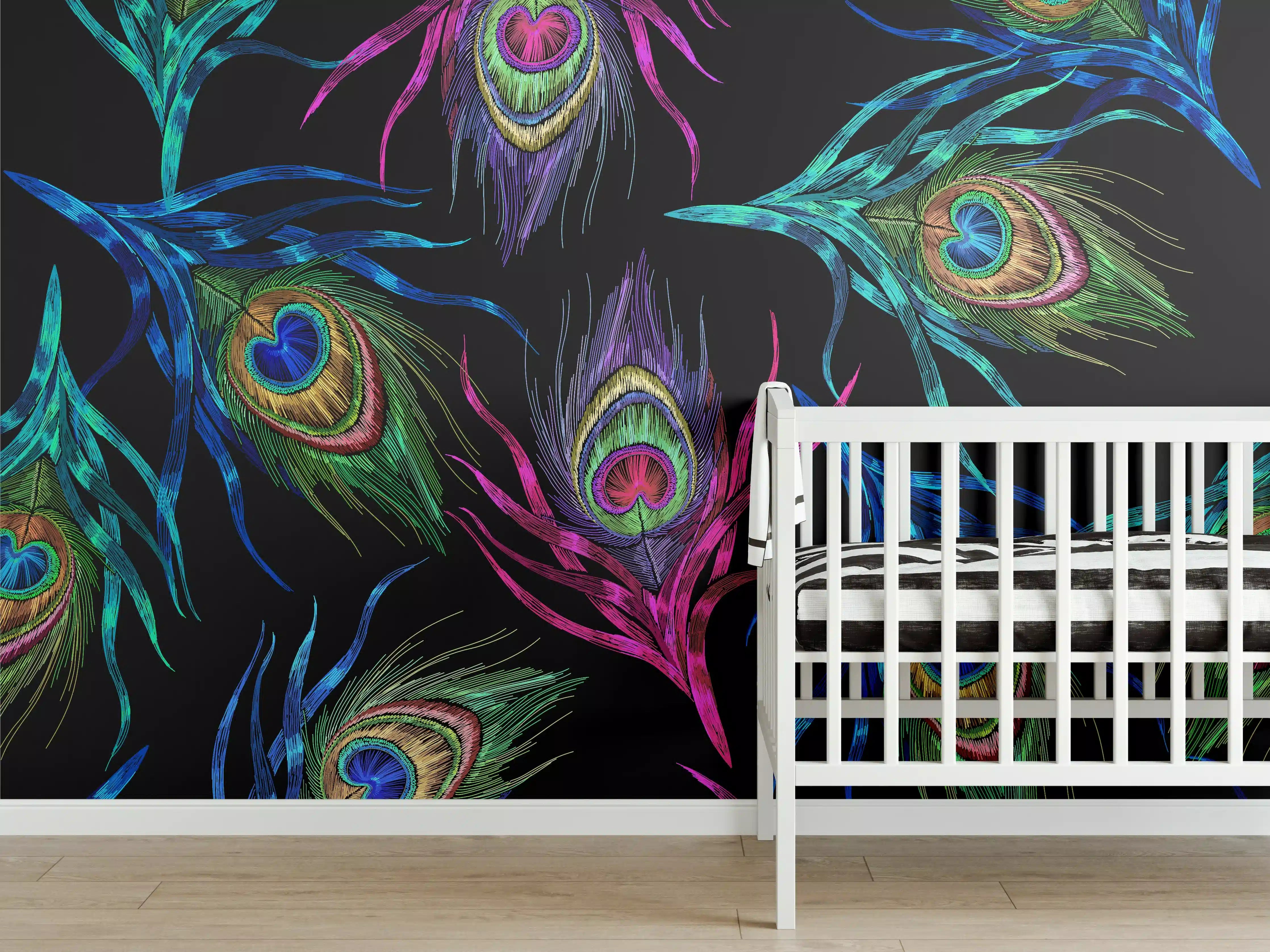 Babyzimmer Wandgestaltung - Bunte Pfauenfedern Muster