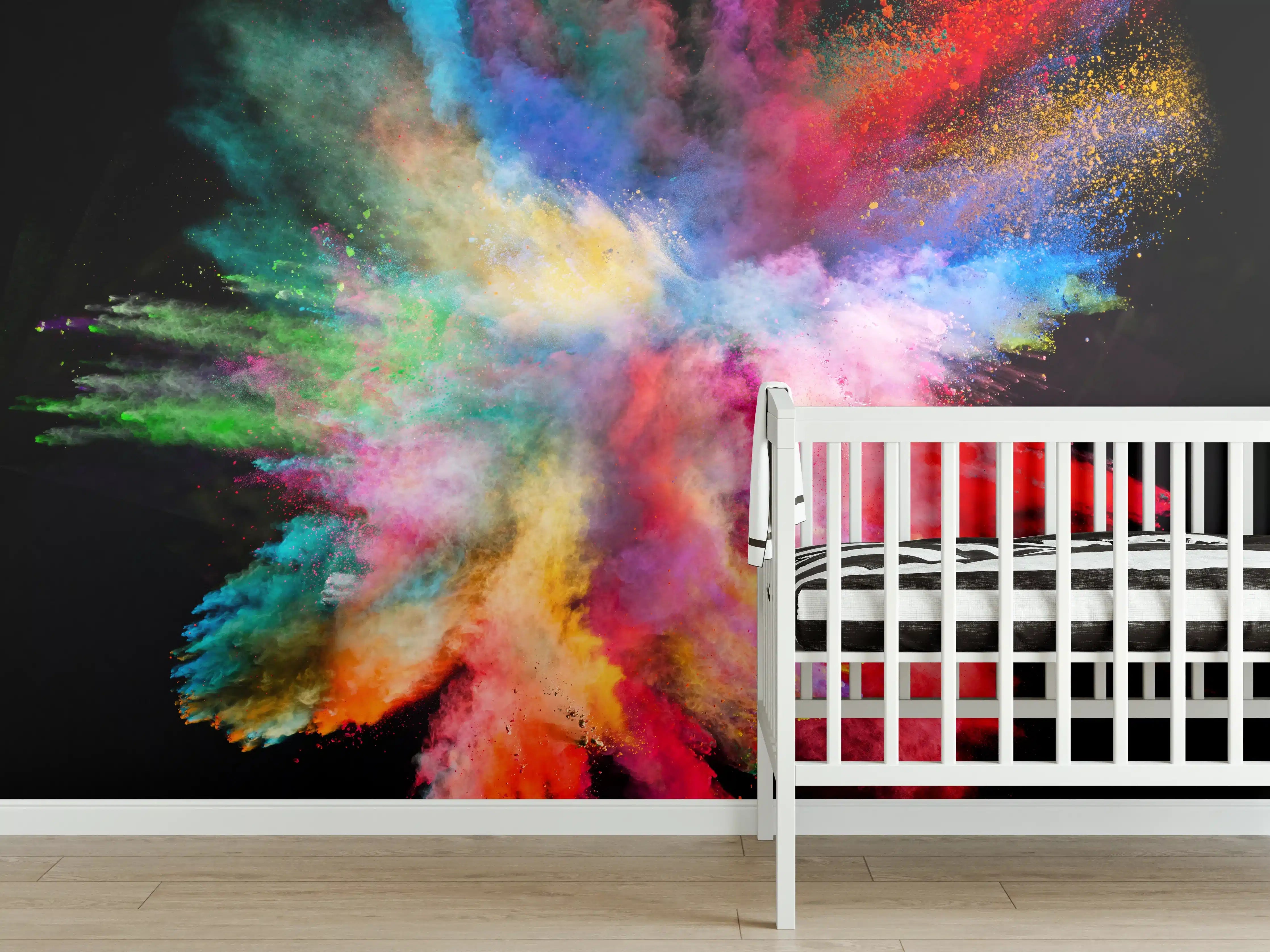 Babyzimmer Wandgestaltung - Bunte Pulverexplosion auf schwarzem Hintergrund