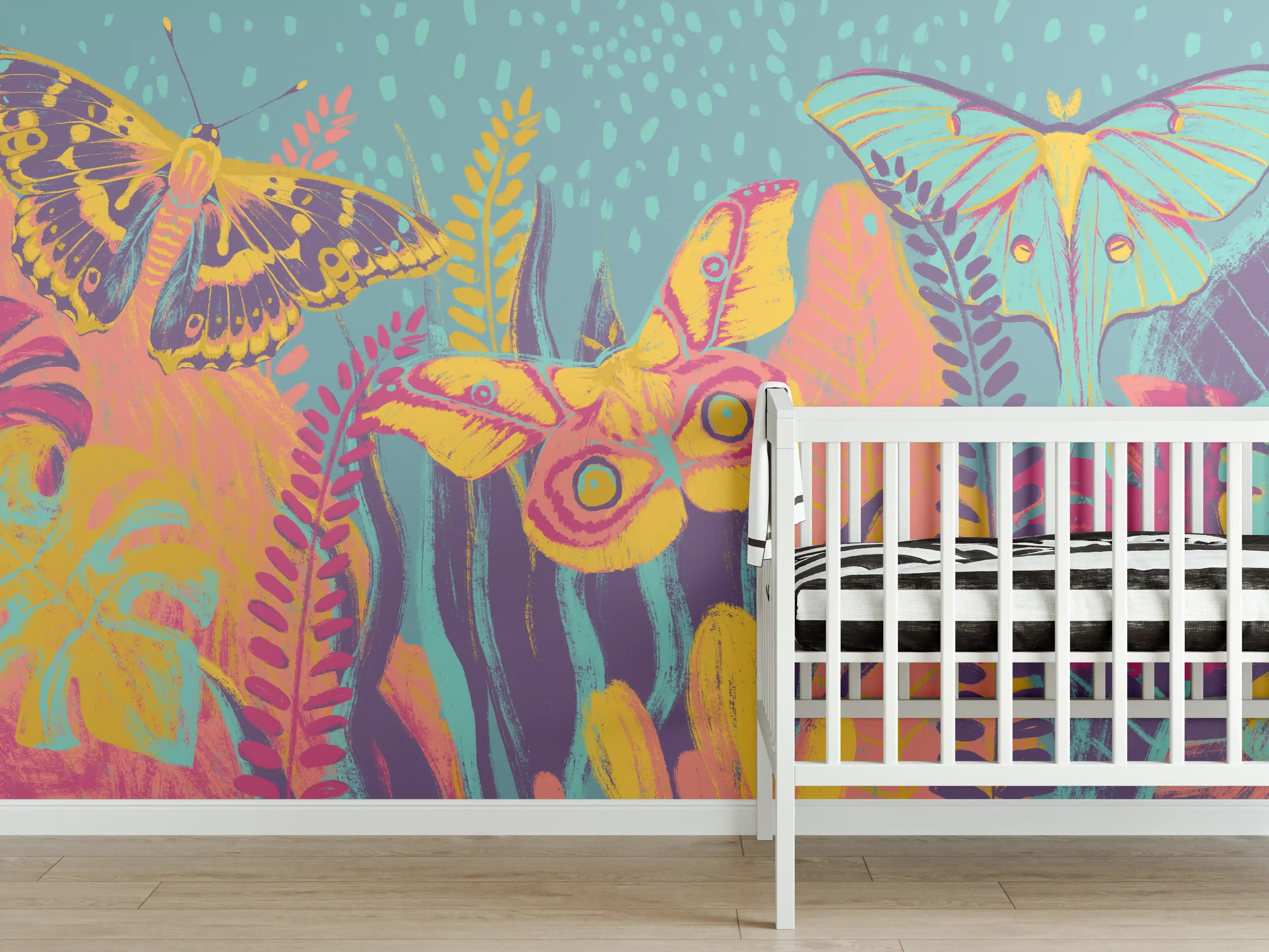 Babyzimmer Wandgestaltung - Bunte Schmetterlingsvielfalt im Pflanzenmeer