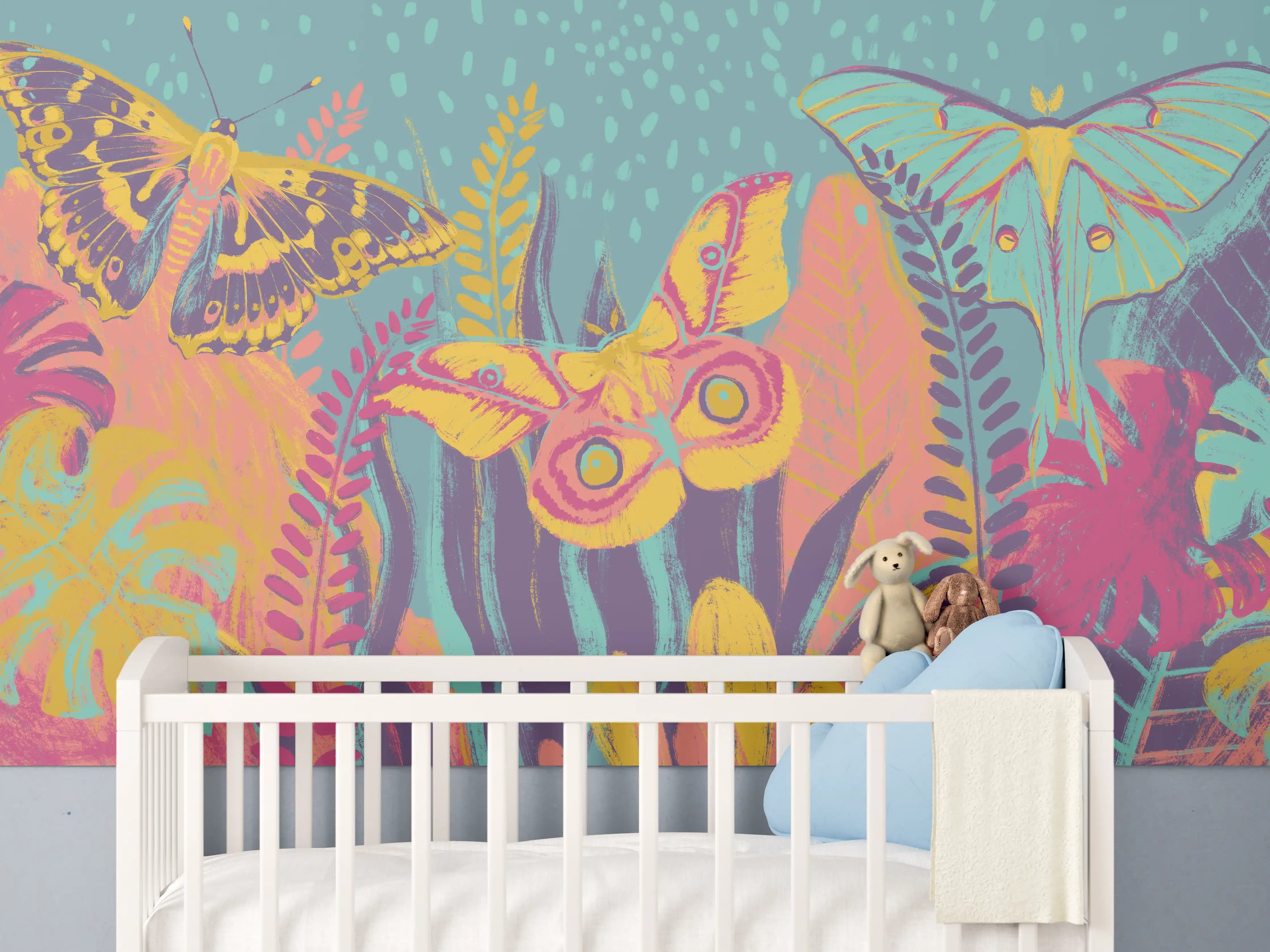 Babyzimmer Wandgestaltung - Bunte Schmetterlingsvielfalt im Pflanzenmeer