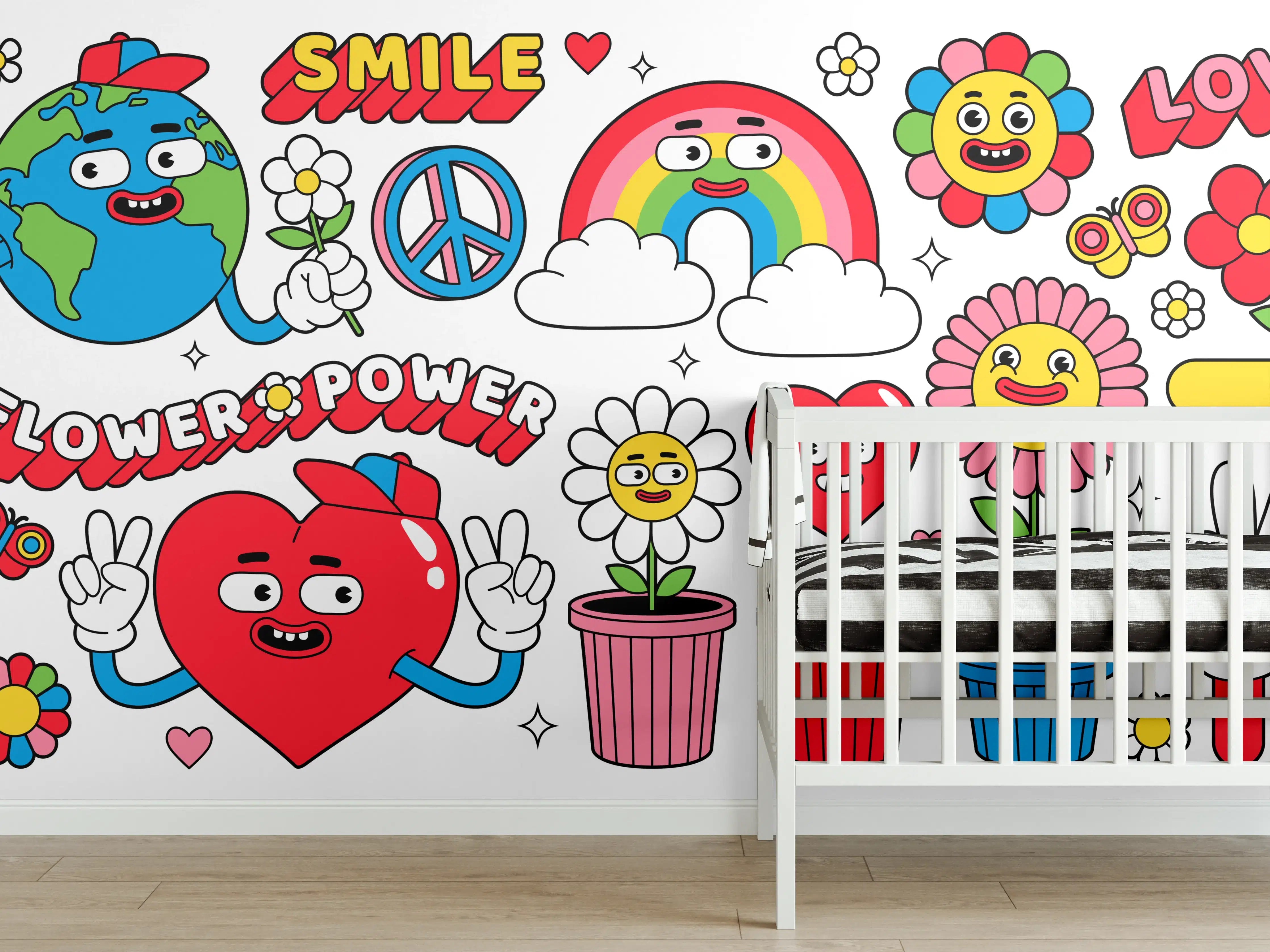 Babyzimmer Wandgestaltung - Bunte Sticker mit positiven Botschaften und Blumen