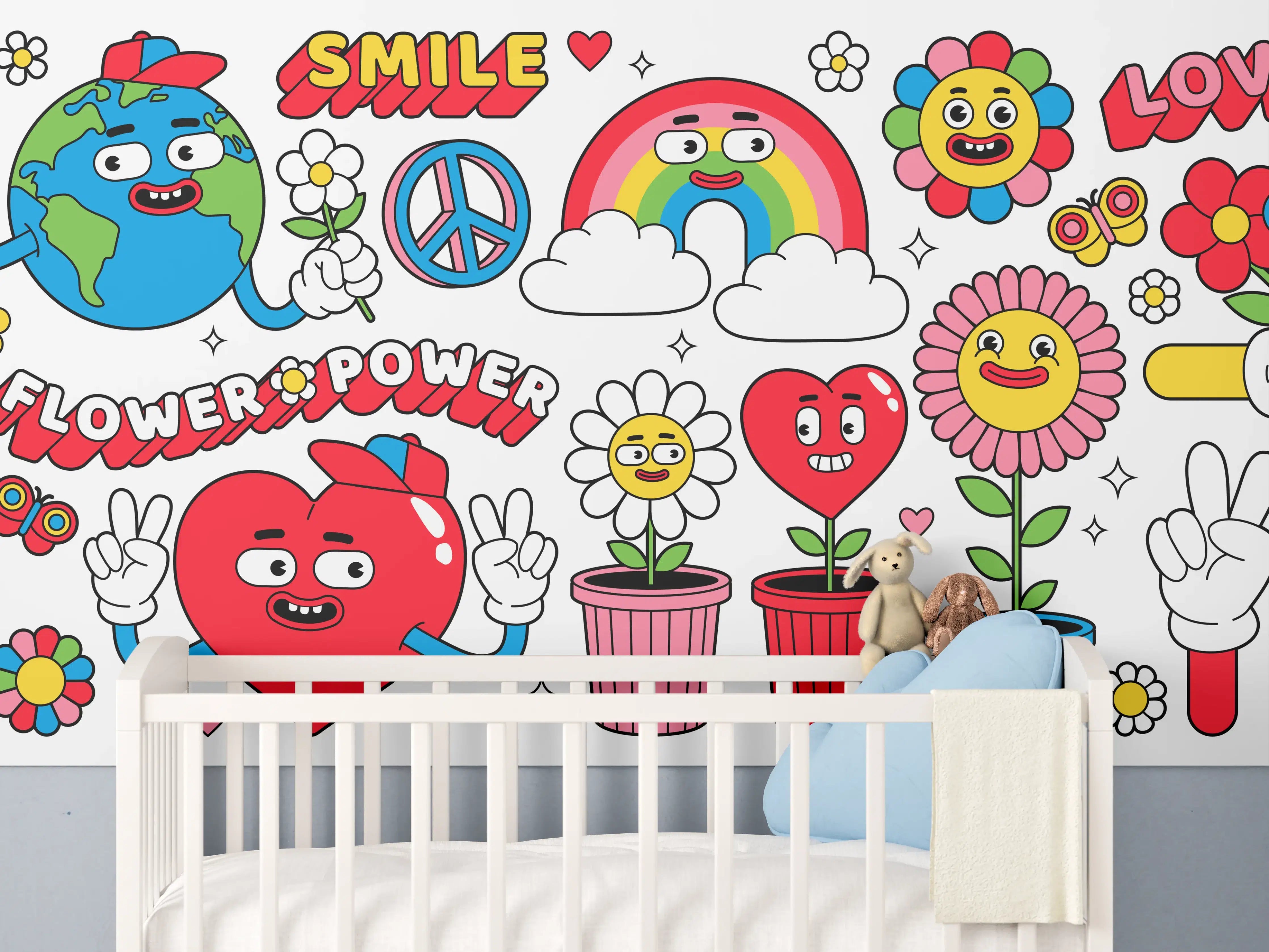 Babyzimmer Wandgestaltung - Bunte Sticker mit positiven Botschaften und Blumen