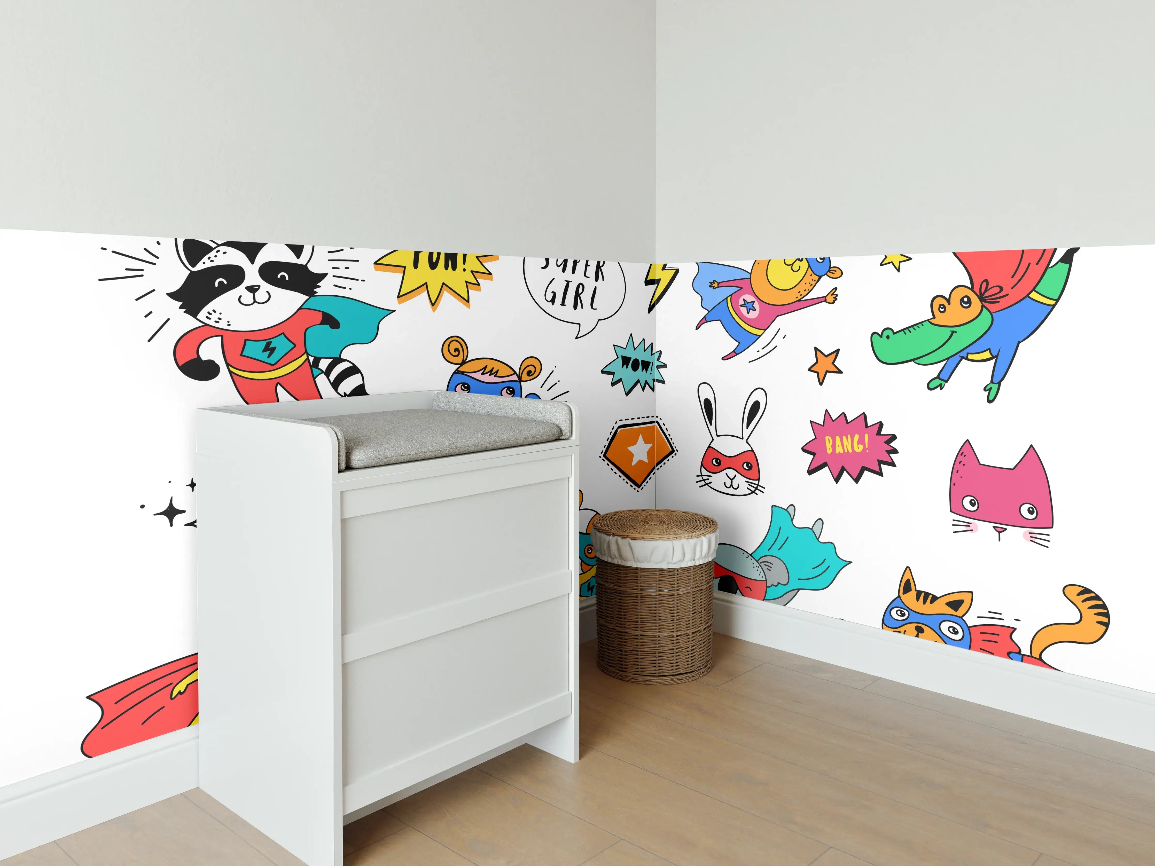 Babyzimmer Wandgestaltung - Bunte Superhelden Tierillustration