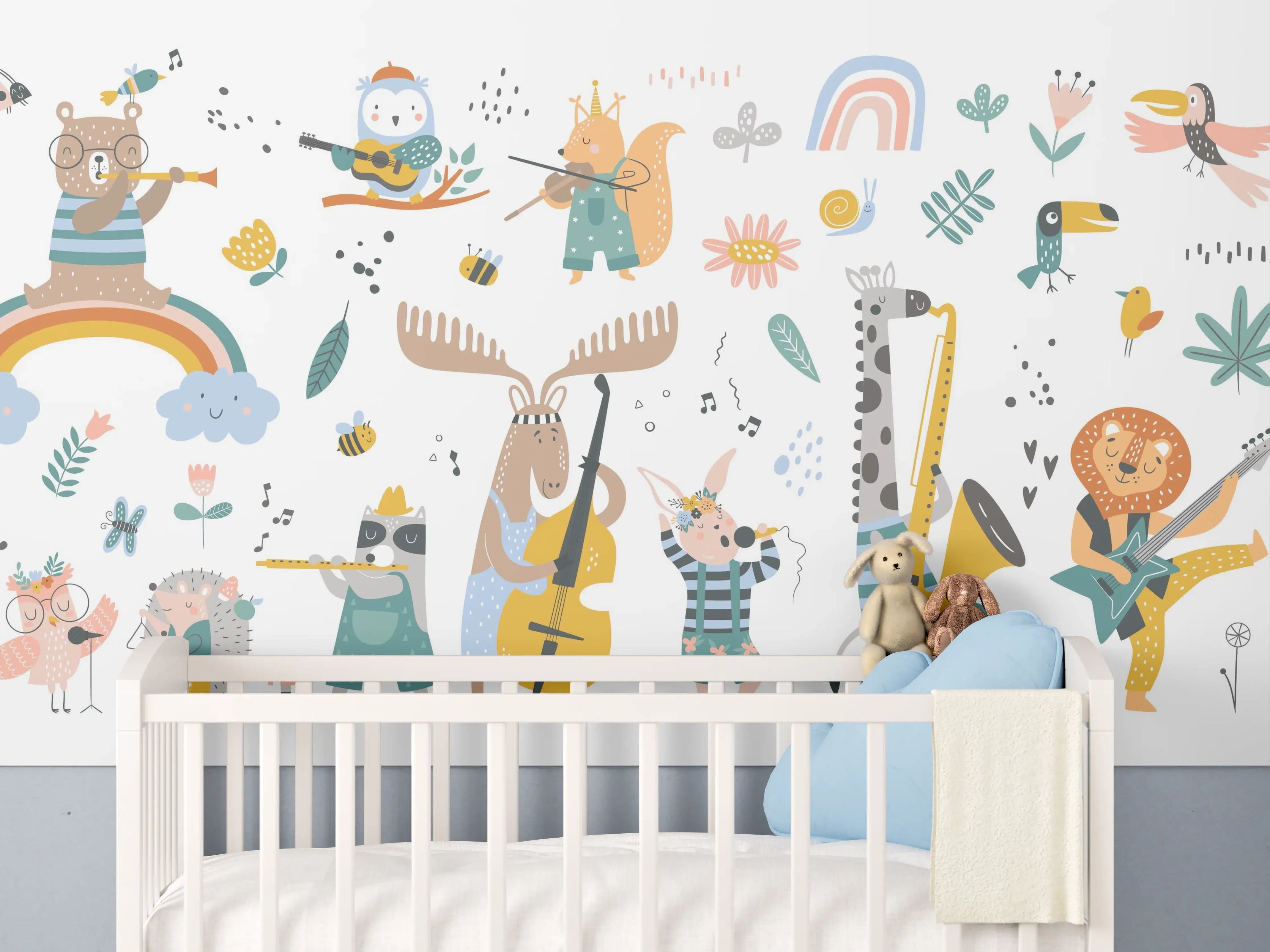 Babyzimmer Wandgestaltung - Bunte Tier- und Instrumenten-Illustration