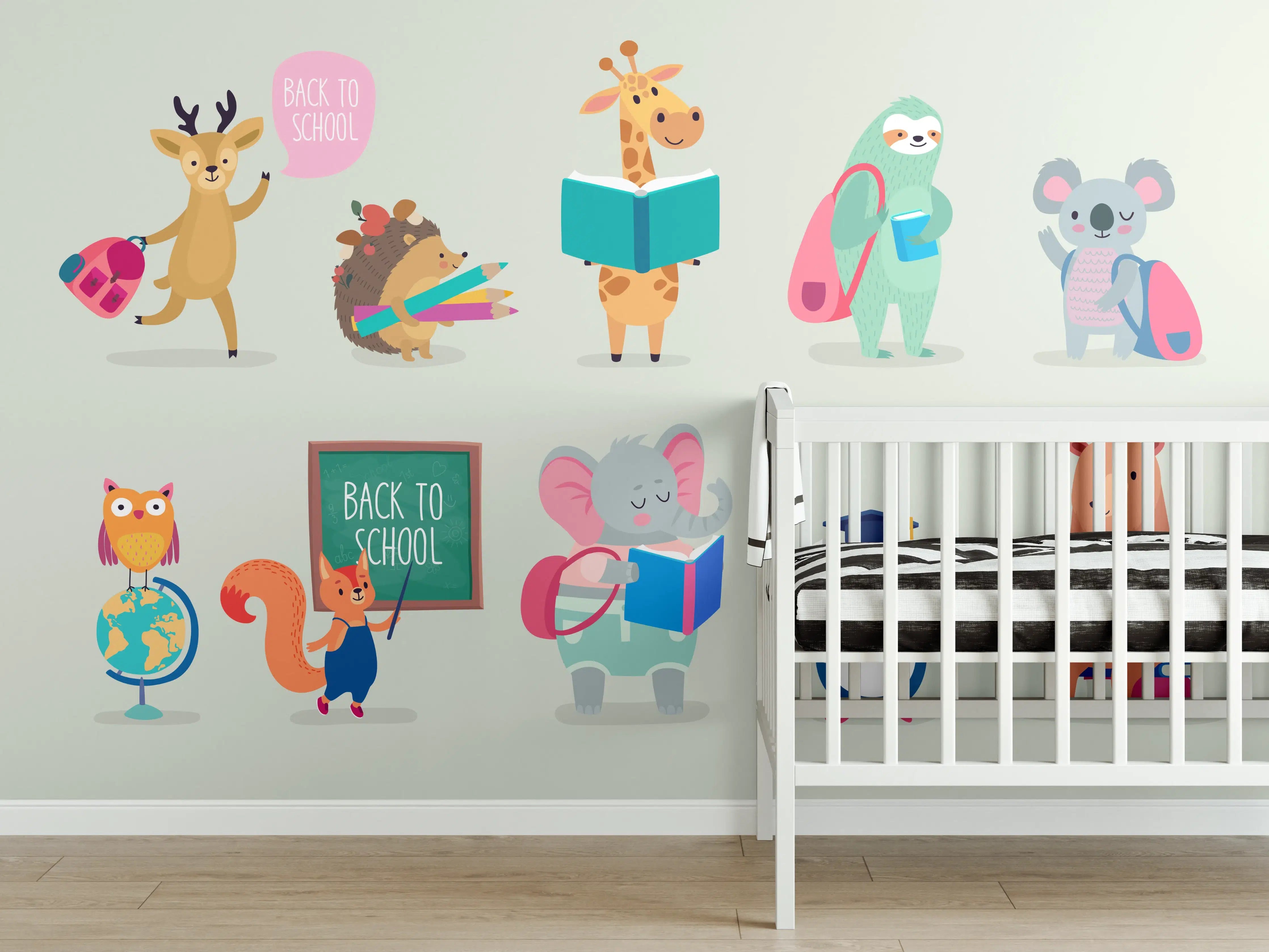Babyzimmer Wandgestaltung - Bunte Tiere Schulanfang Illustration