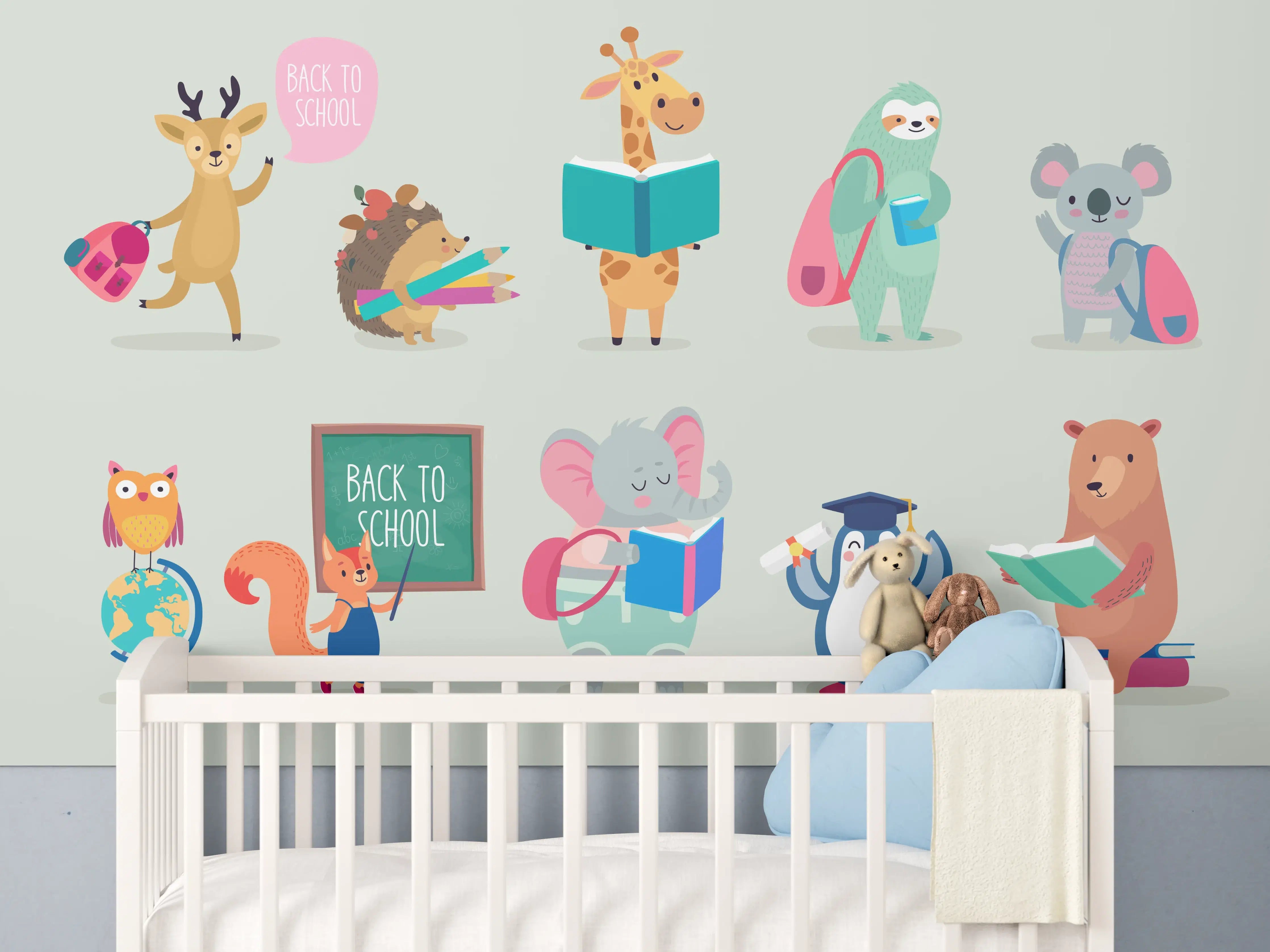 Babyzimmer Wandgestaltung - Bunte Tiere Schulanfang Illustration