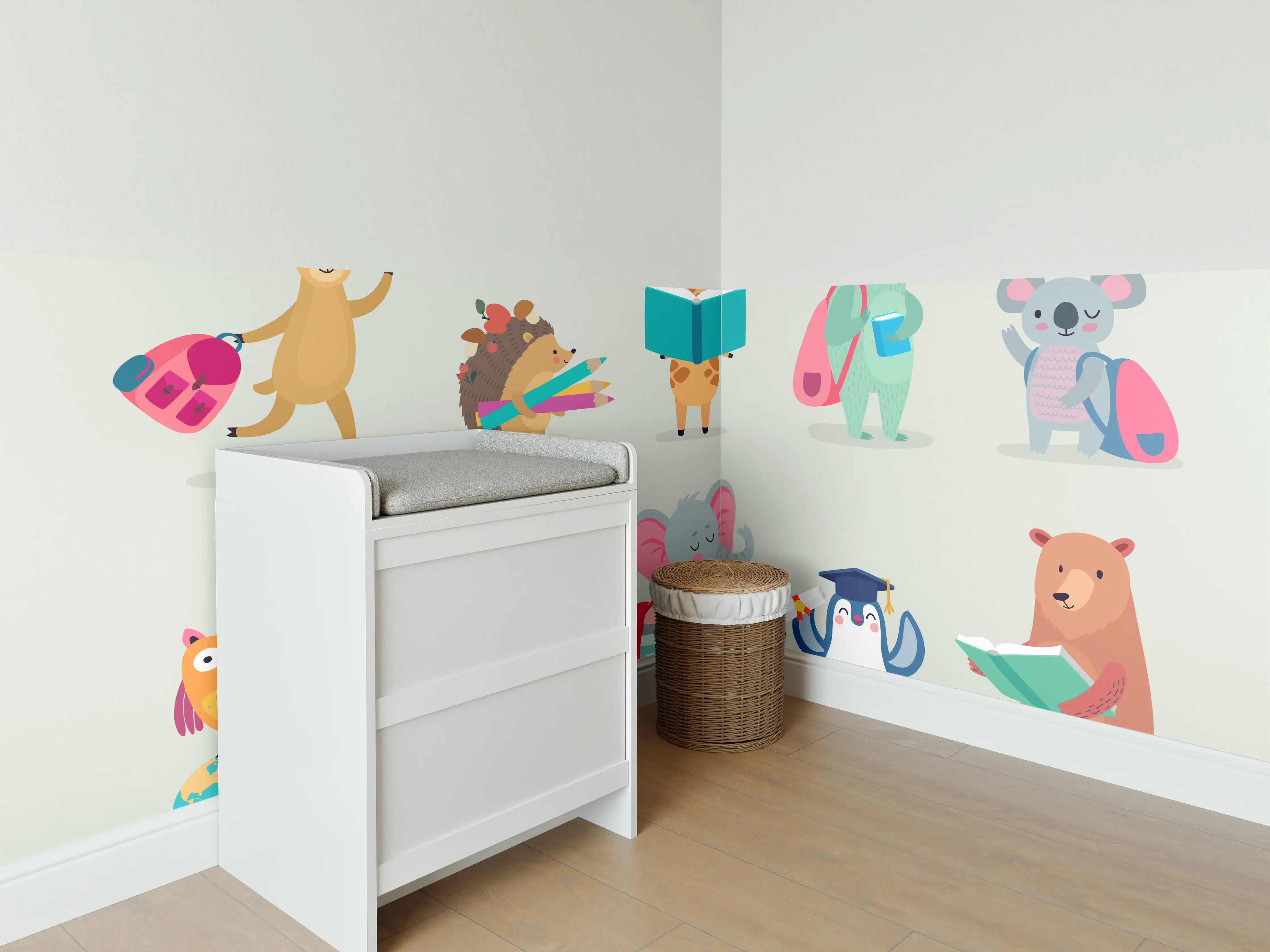 Babyzimmer Wandgestaltung - Bunte Tiere Schulanfang Illustration