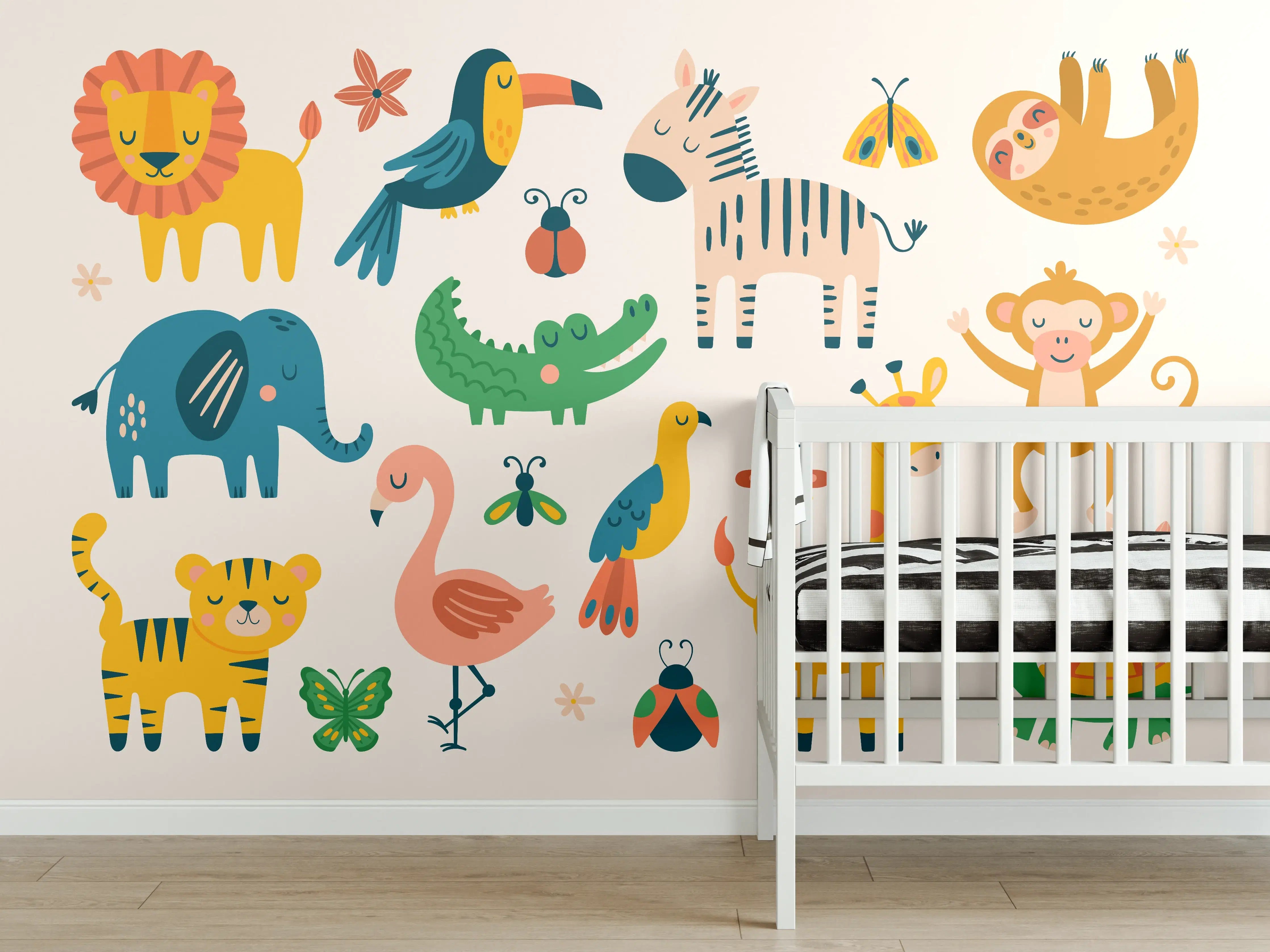 Babyzimmer Wandgestaltung - Bunte Tierfiguren Illustration