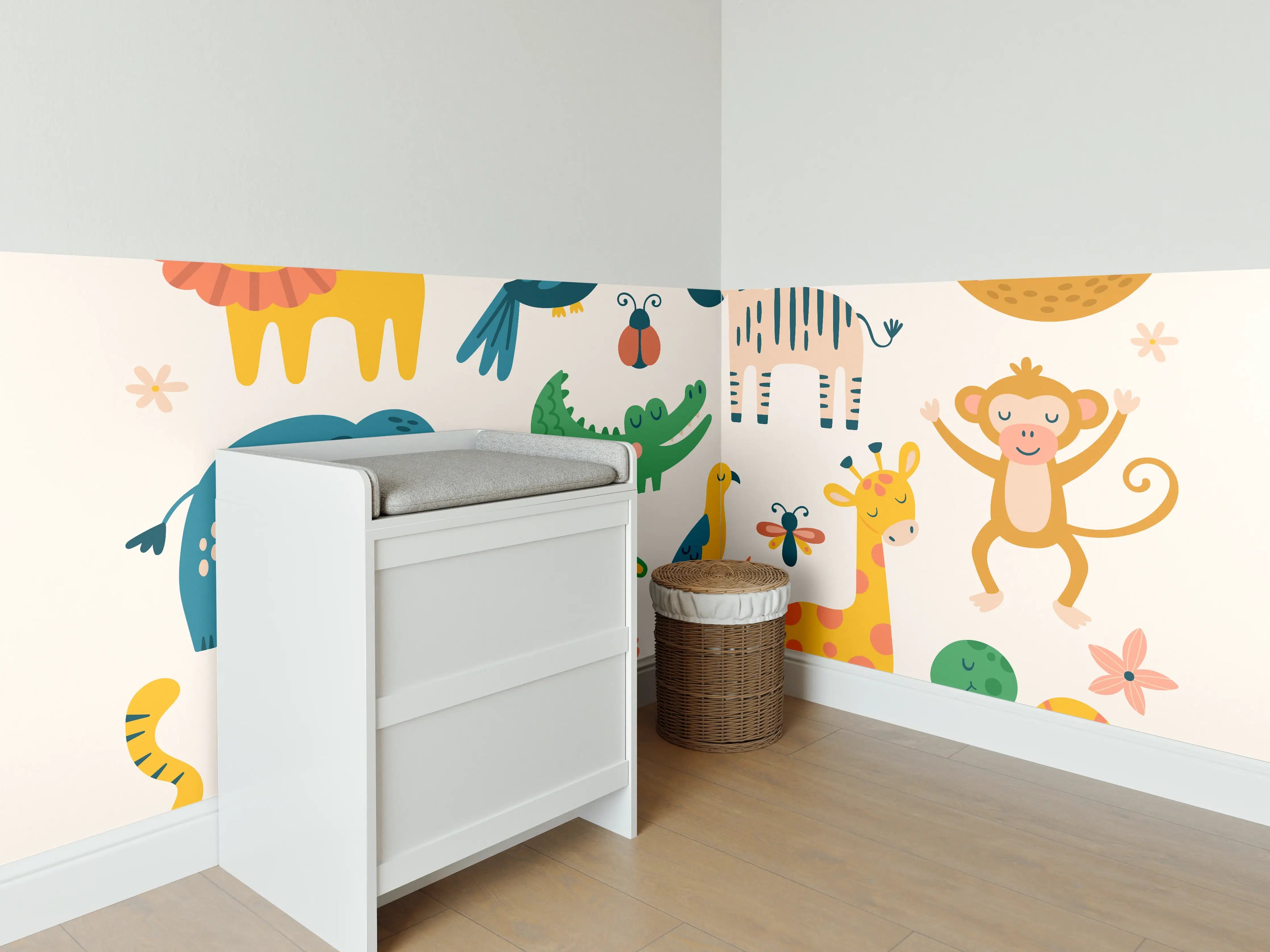 Babyzimmer Wandgestaltung - Bunte Tierfiguren Illustration