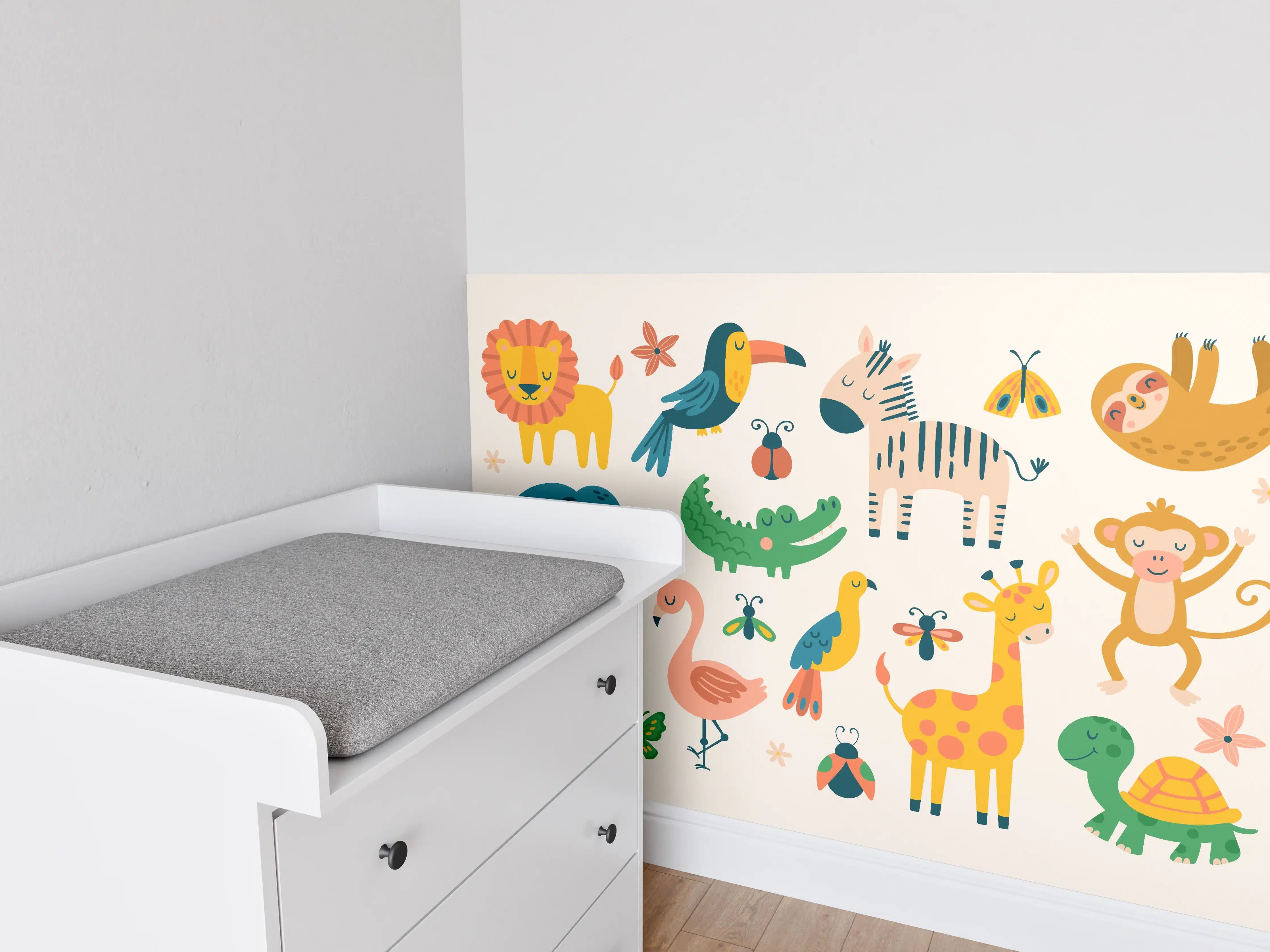 Babyzimmer Wandgestaltung - Bunte Tierfiguren Illustration