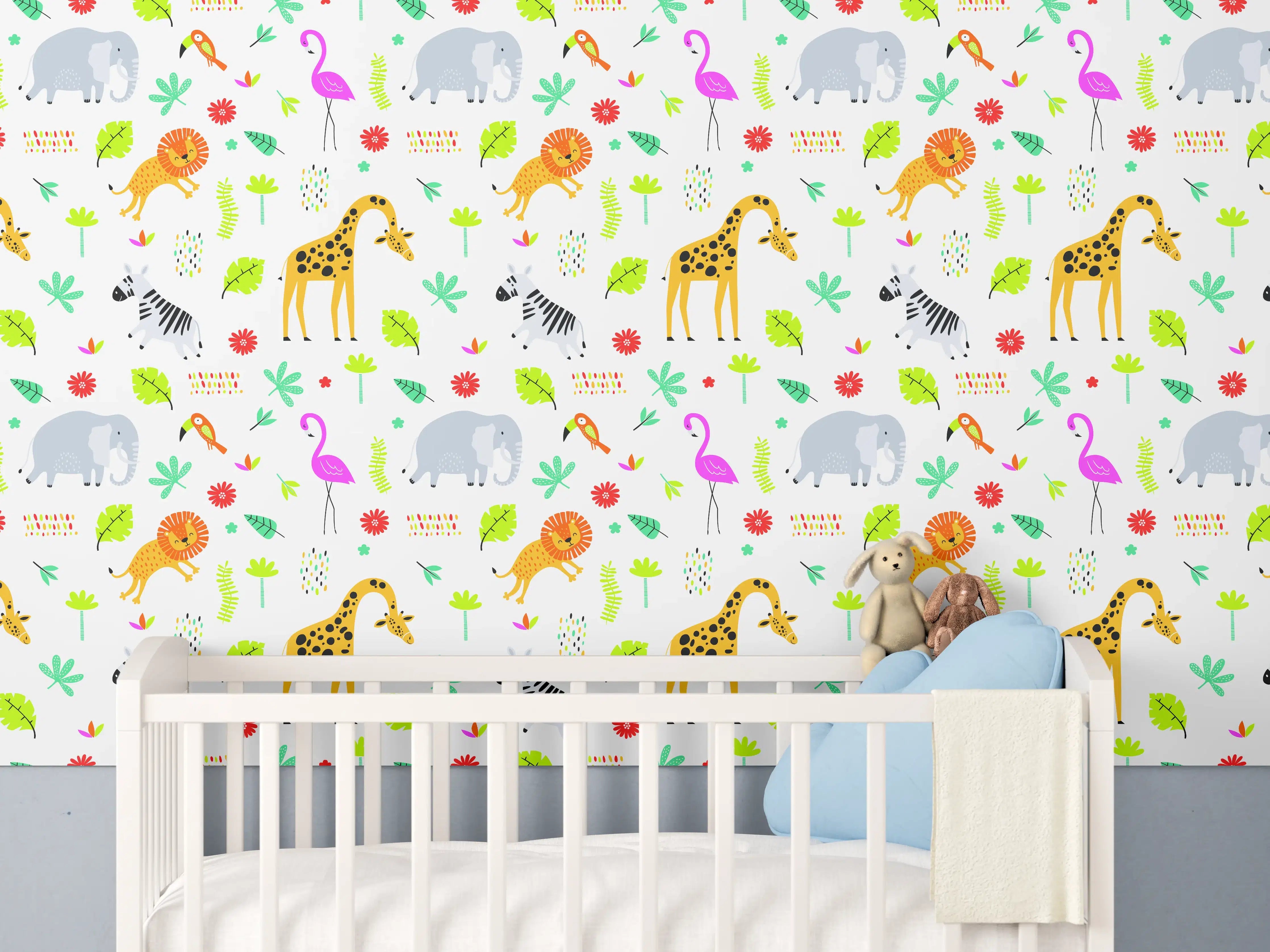 Babyzimmer Wandgestaltung - Bunte Tierwelt mit Zebras, Giraffen und Flamingos