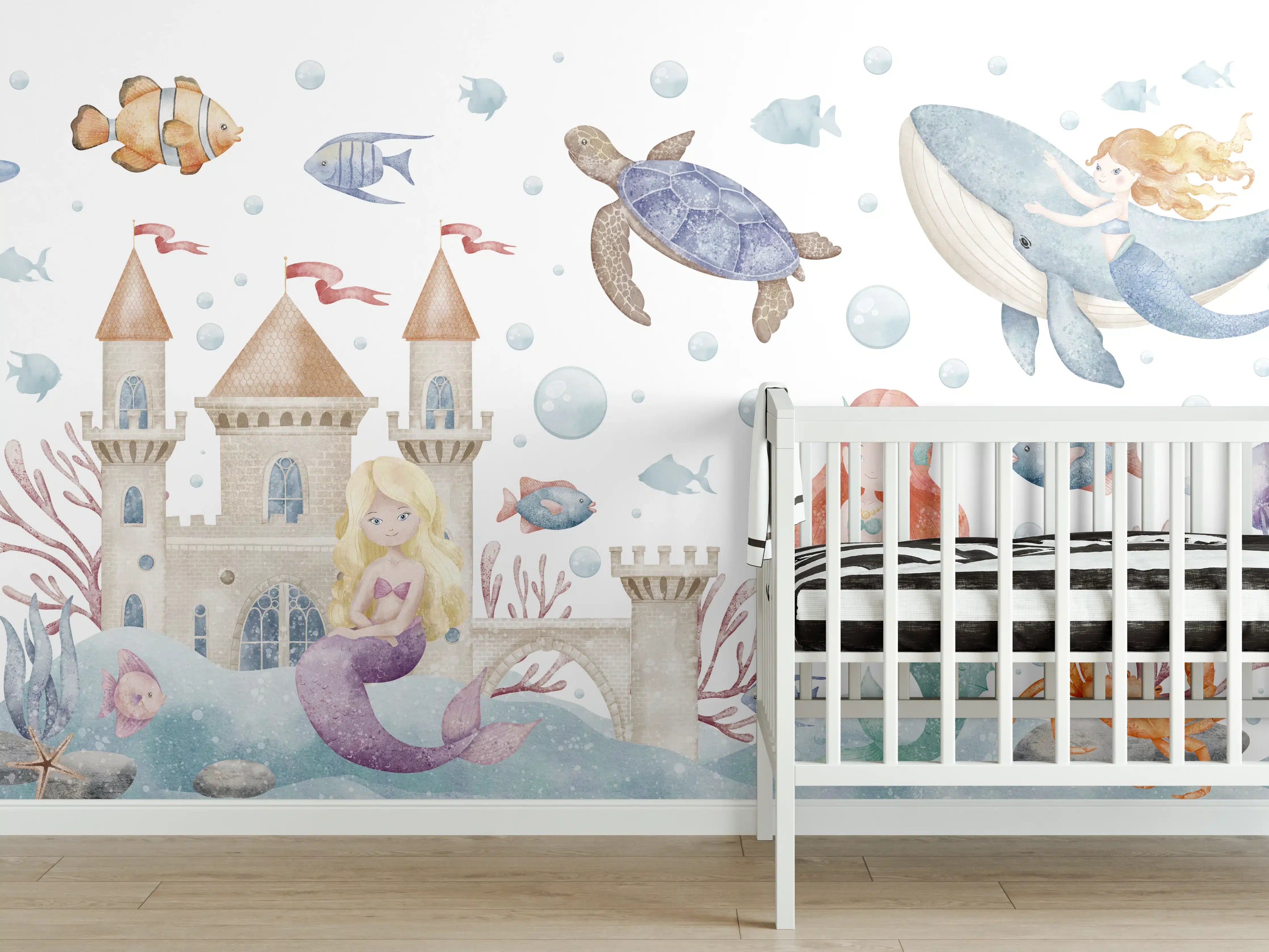Babyzimmer Wandgestaltung - Bunte Unterwasserwelt mit Meerjungfrau und Meeresbewohnern