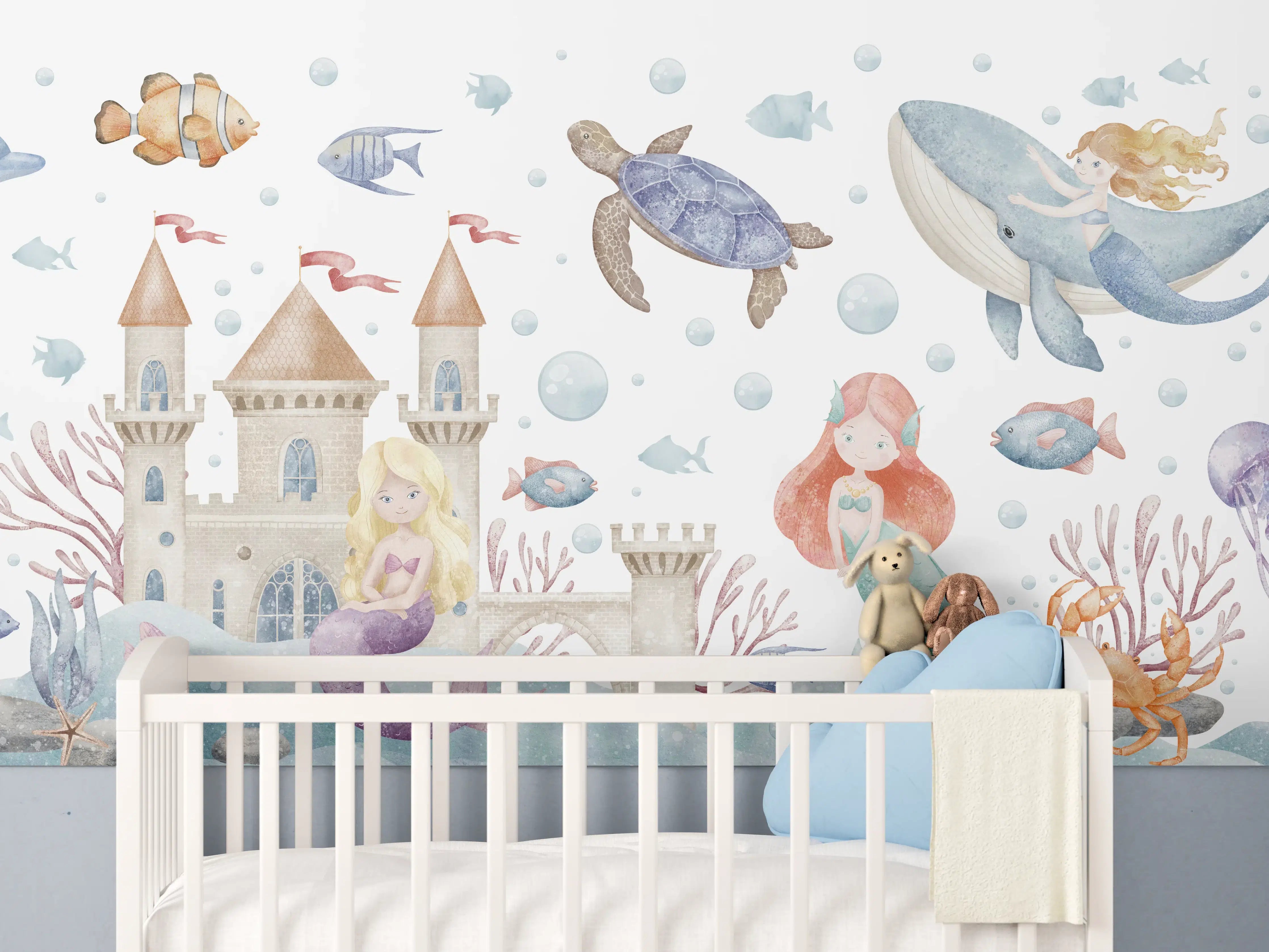 Babyzimmer Wandgestaltung - Bunte Unterwasserwelt mit Meerjungfrau und Meeresbewohnern