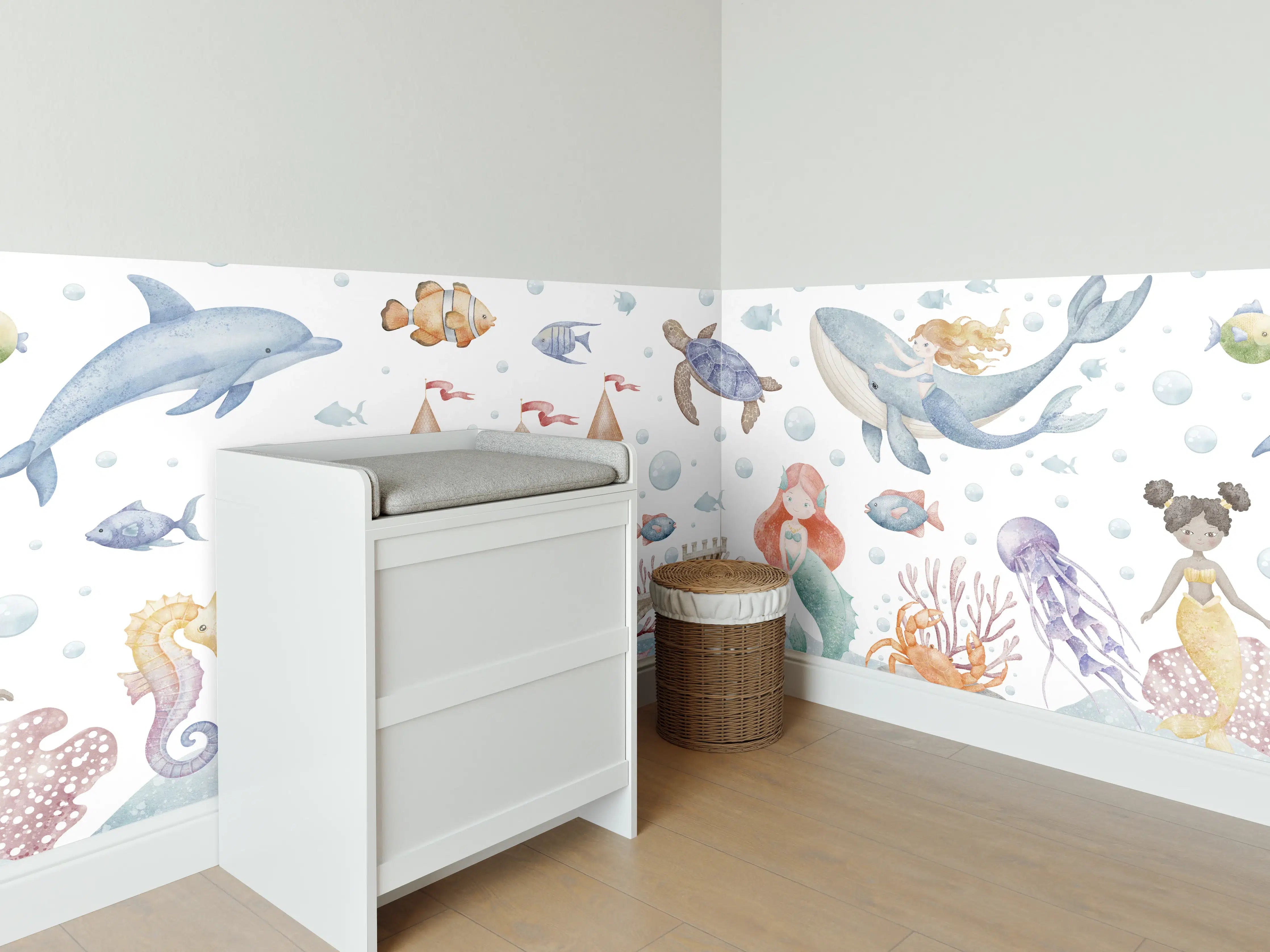 Babyzimmer Wandgestaltung - Bunte Unterwasserwelt mit Meerjungfrau und Meeresbewohnern
