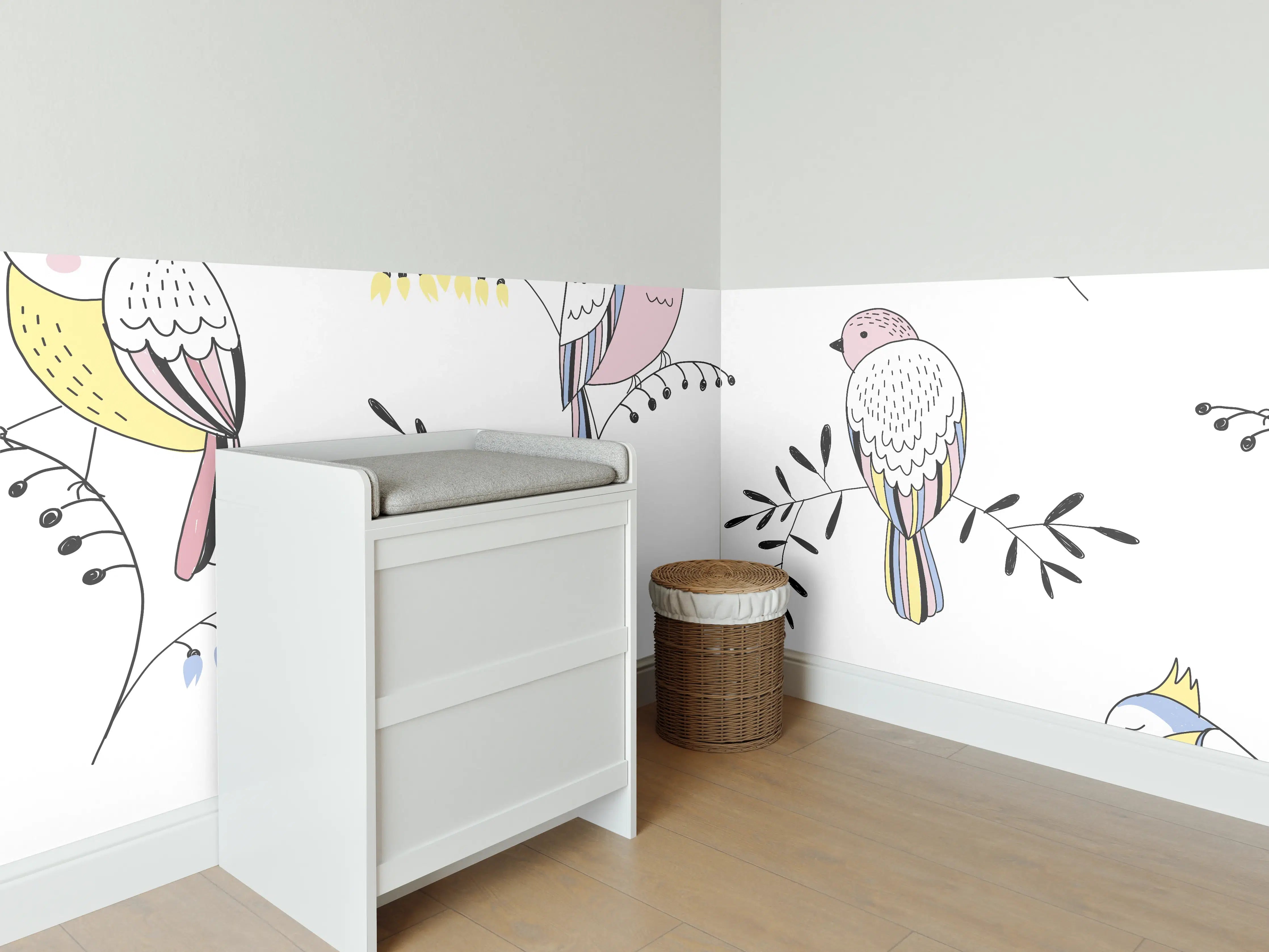 Babyzimmer Wandgestaltung - Bunte Vögel Muster Illustration