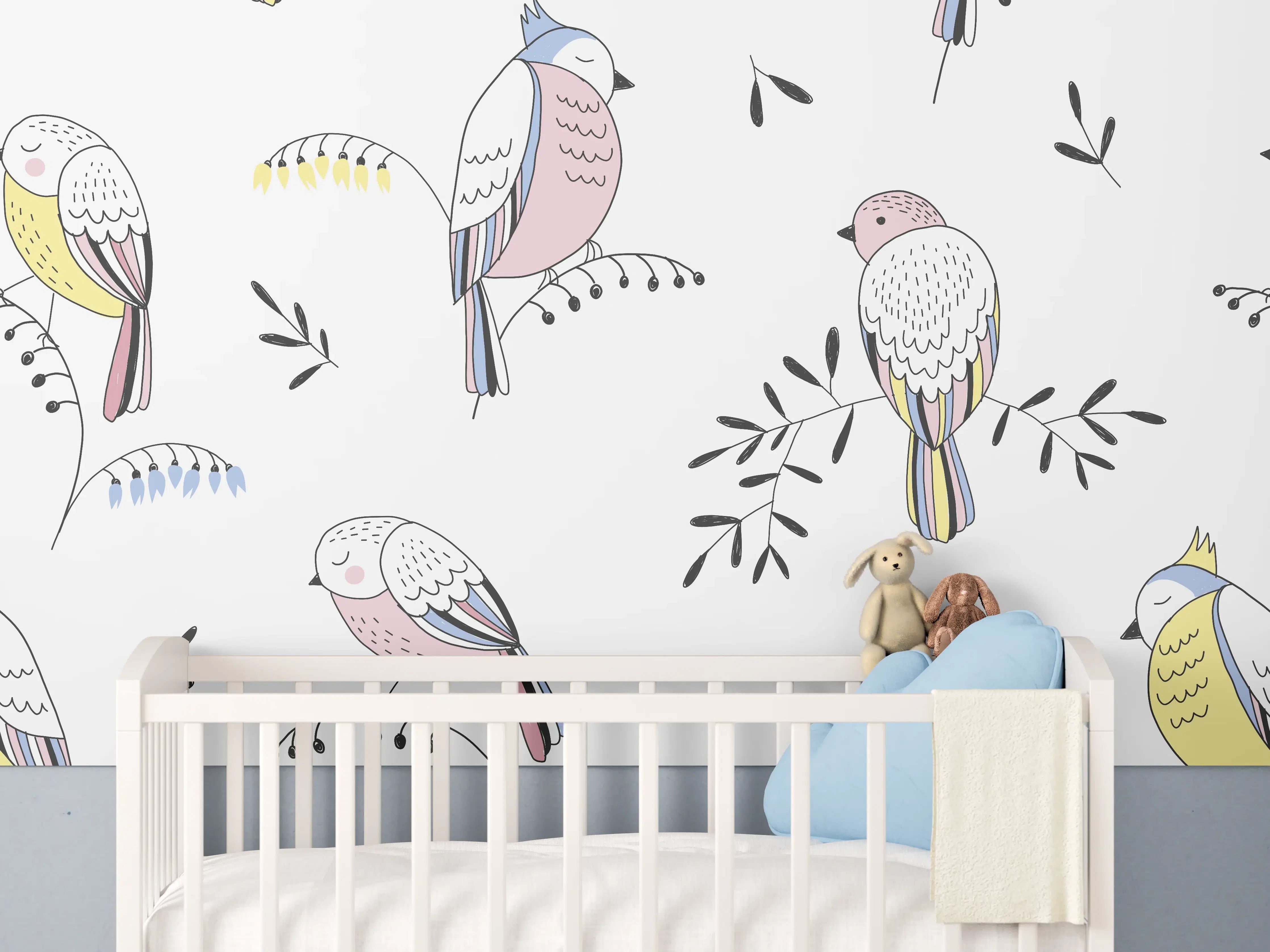 Babyzimmer Wandgestaltung - Bunte Vogel-Muster Illustration