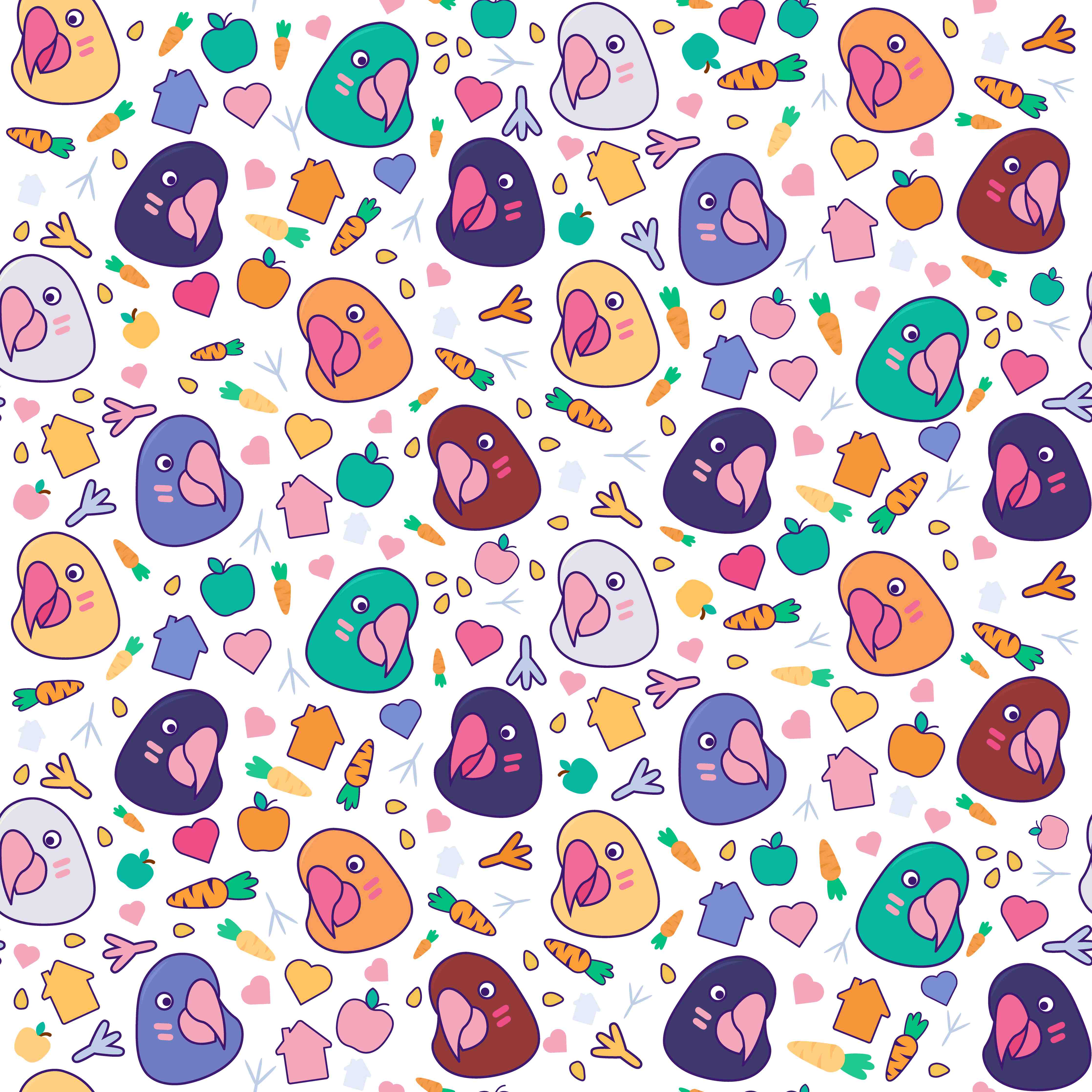 Babyzimmer Wandgestaltung-Bunte Vogelmuster mit Herzen und Karotten auf weißem Hintergrund