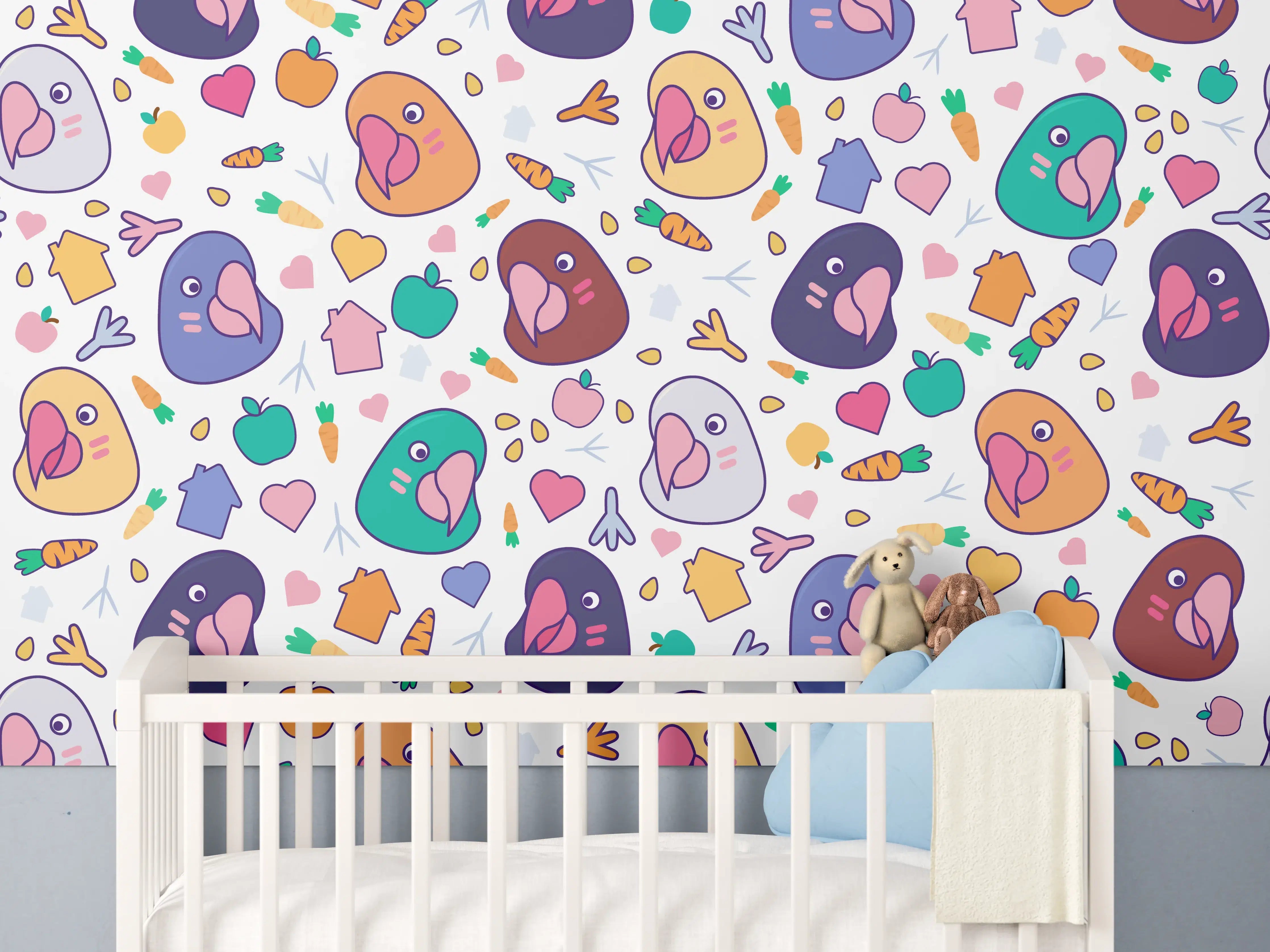 Babyzimmer Wandgestaltung - Bunte Vogelmuster mit Herzen und Karotten auf weißem Hintergrund