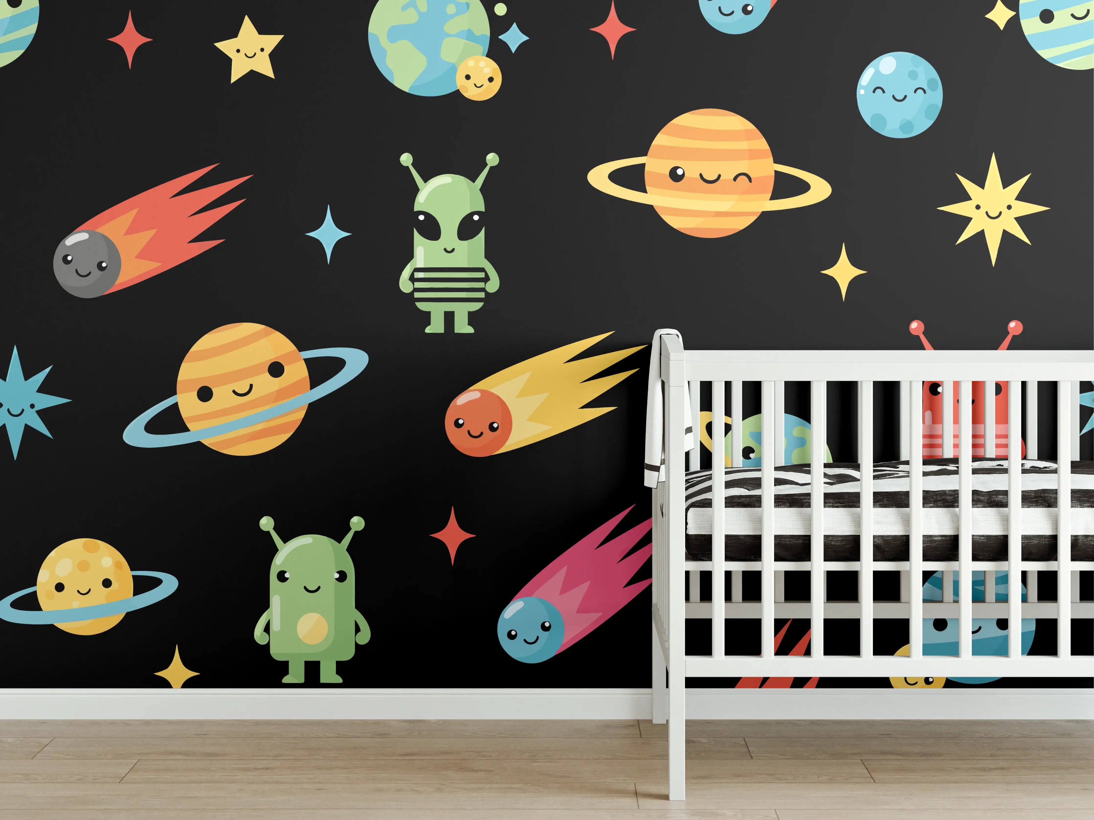 Babyzimmer Wandgestaltung - Bunte Weltraum-Planeten und Außerirdische