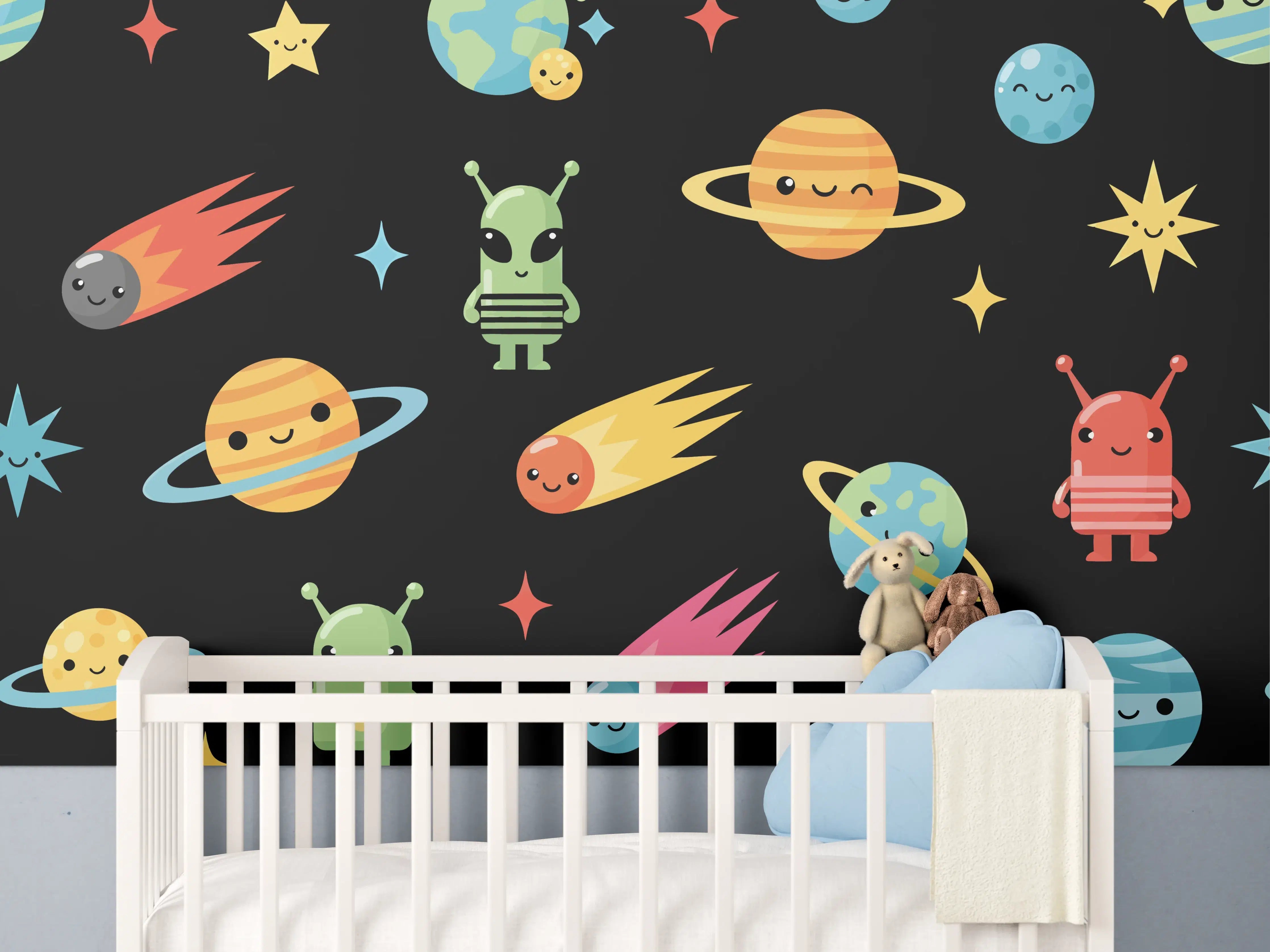 Babyzimmer Wandgestaltung - Bunte Weltraum-Planeten und Außerirdische