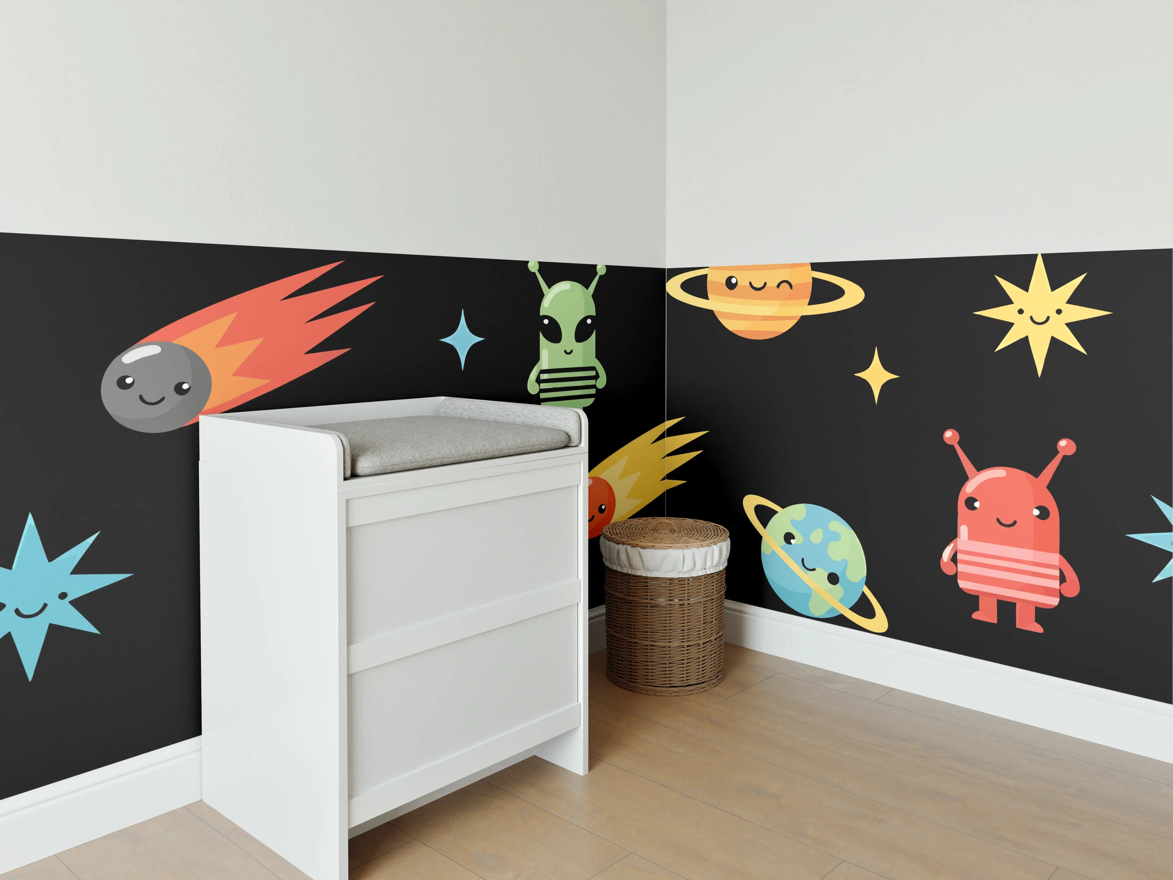 Babyzimmer Wandgestaltung - Bunte Weltraum-Planeten und Außerirdische