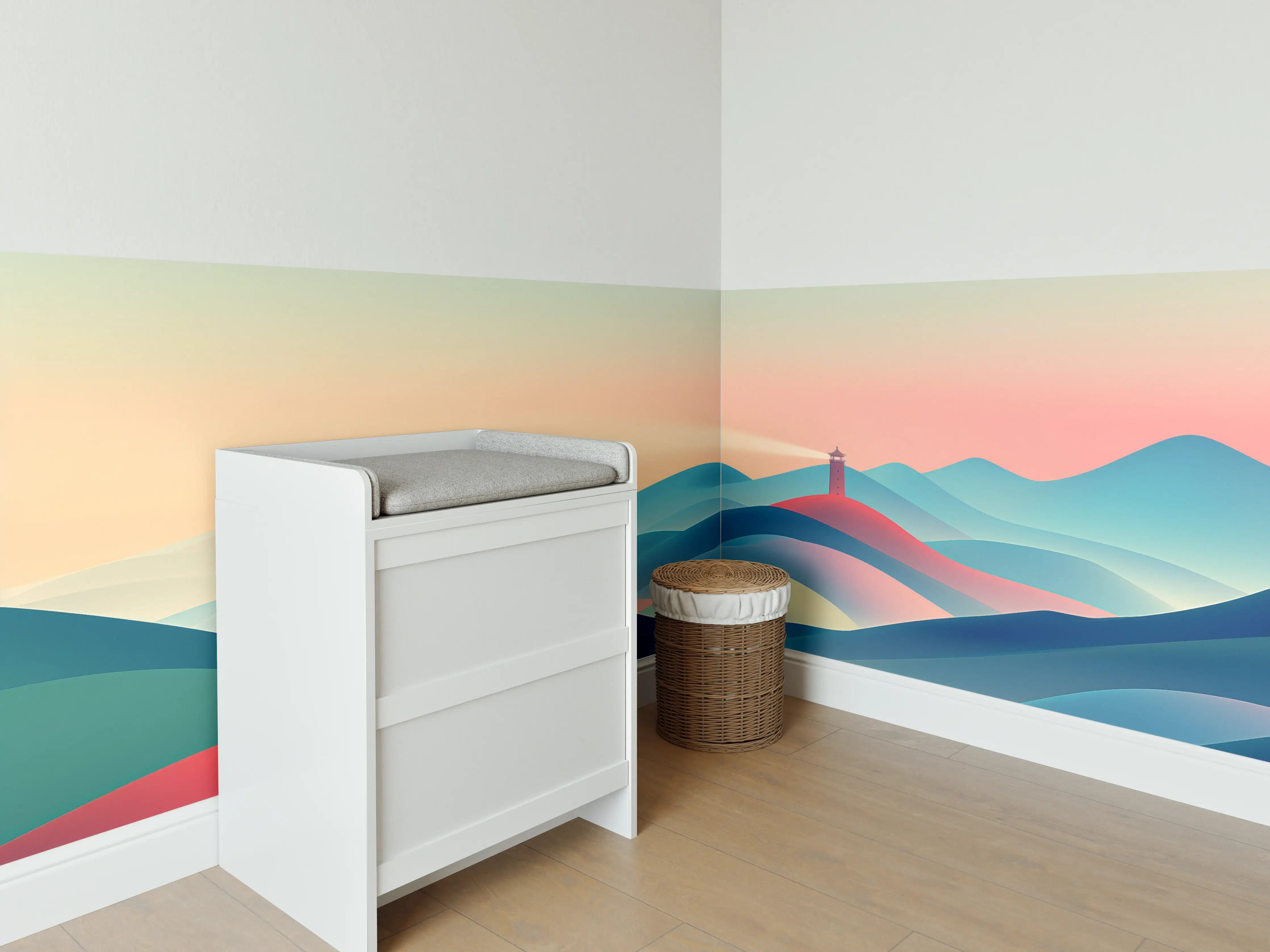 Babyzimmer Wandgestaltung - Bunte abstrakte Landschaft mit Leuchtturm