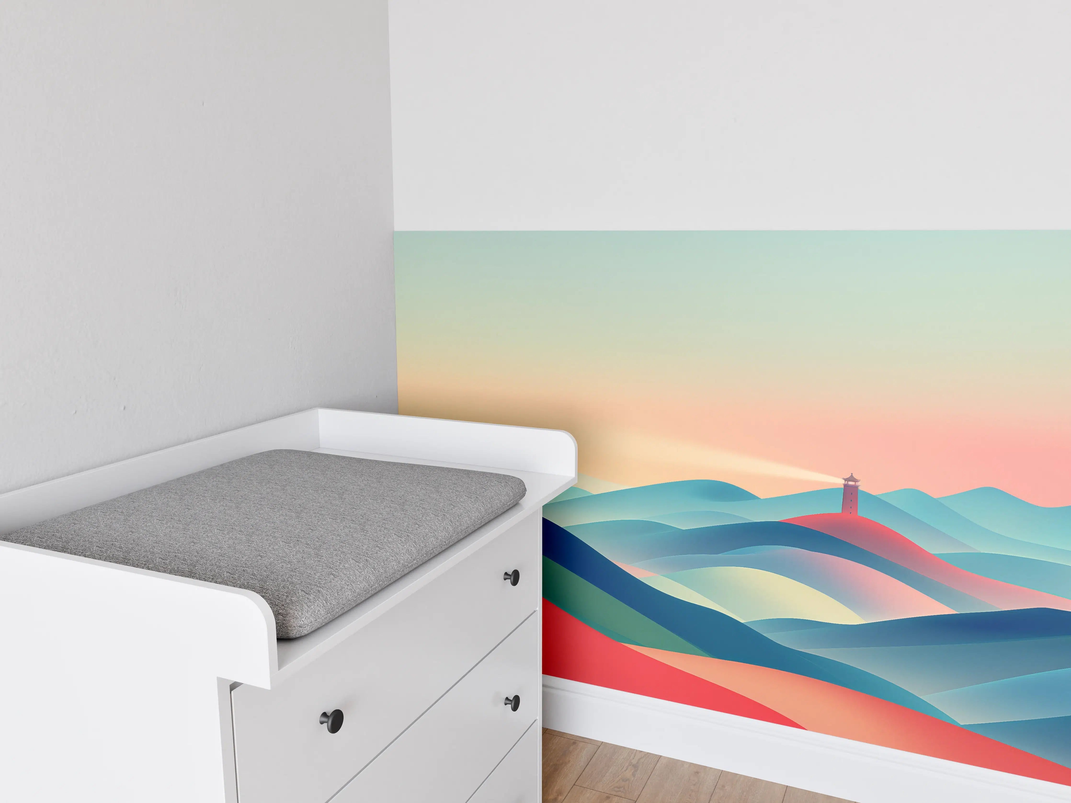 Babyzimmer Wandgestaltung - Bunte abstrakte Landschaft mit Leuchtturm