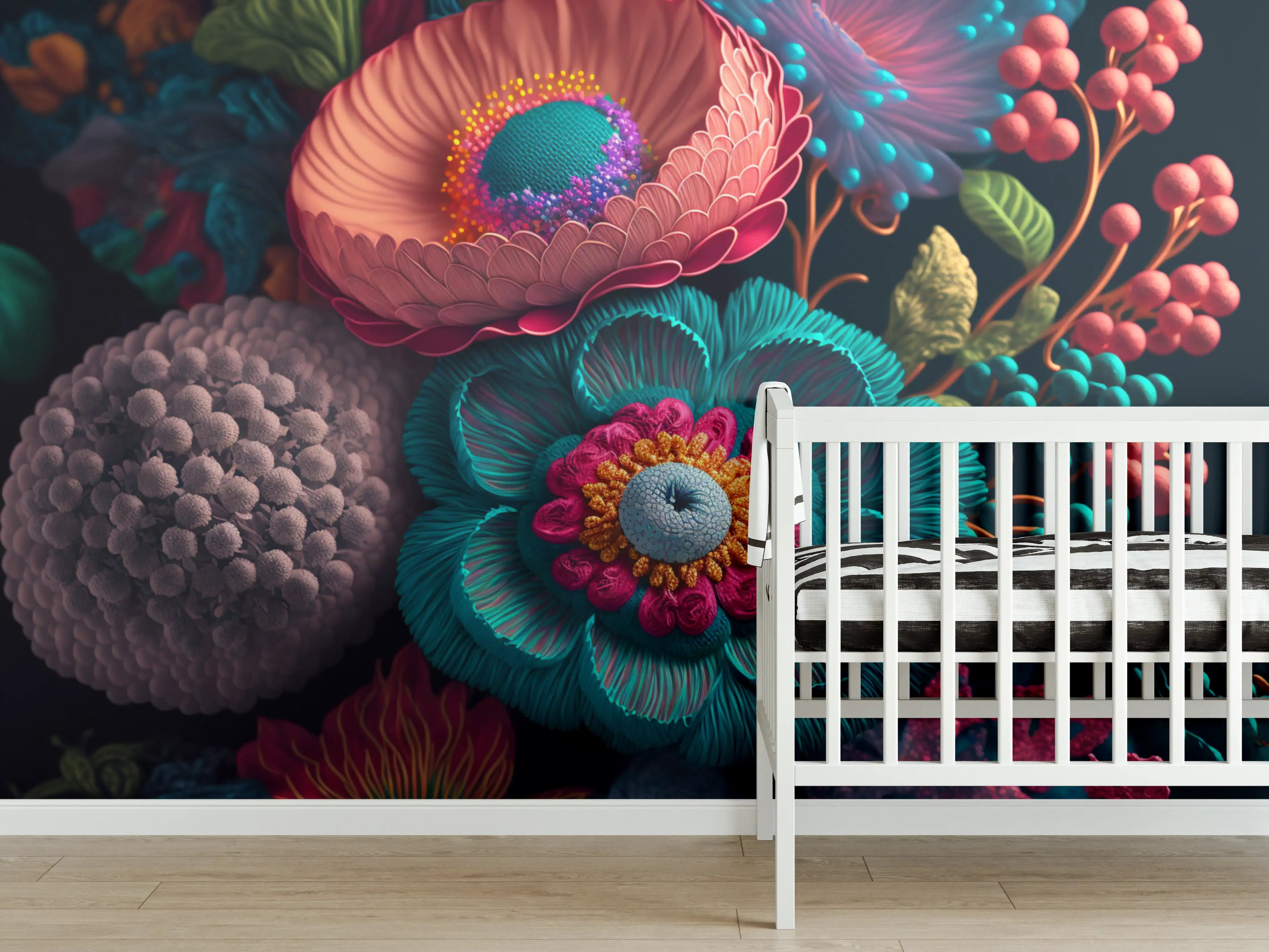 Babyzimmer Wandgestaltung - Bunte, detaillierte Makroaufnahme blühender Pflanzen
