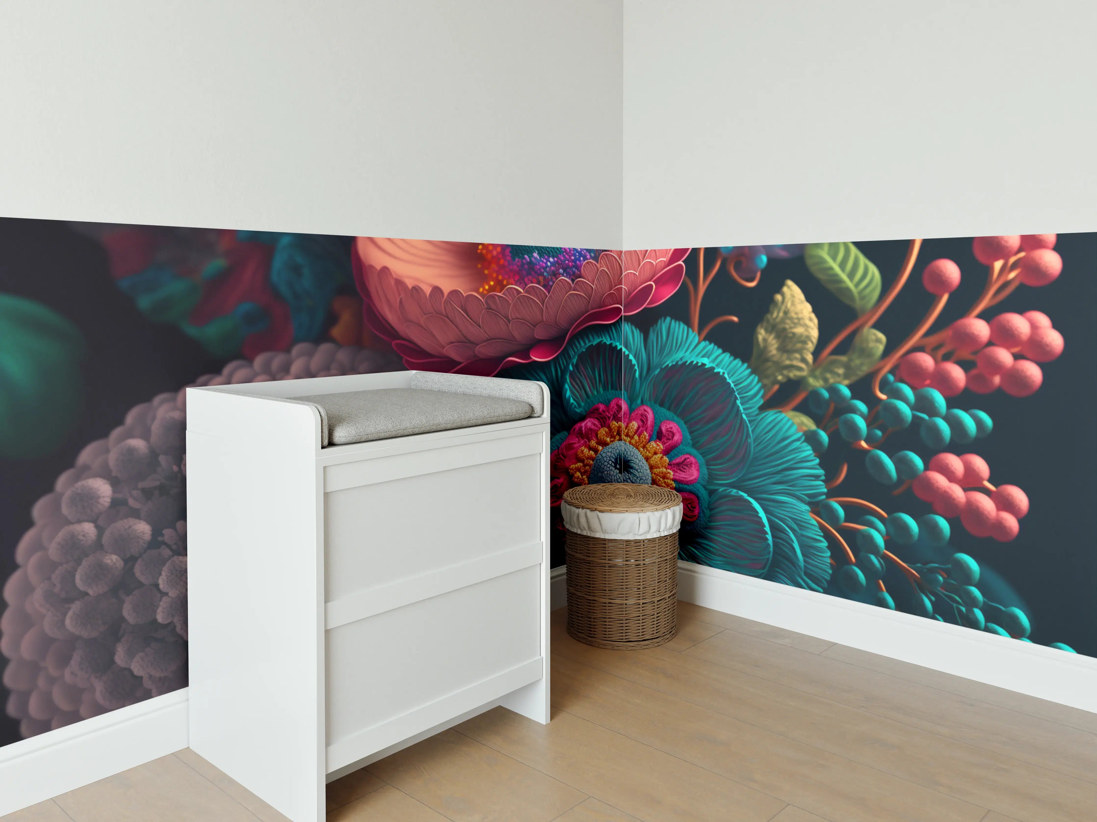 Babyzimmer Wandgestaltung - Bunte, detaillierte Makroaufnahme blühender Pflanzen