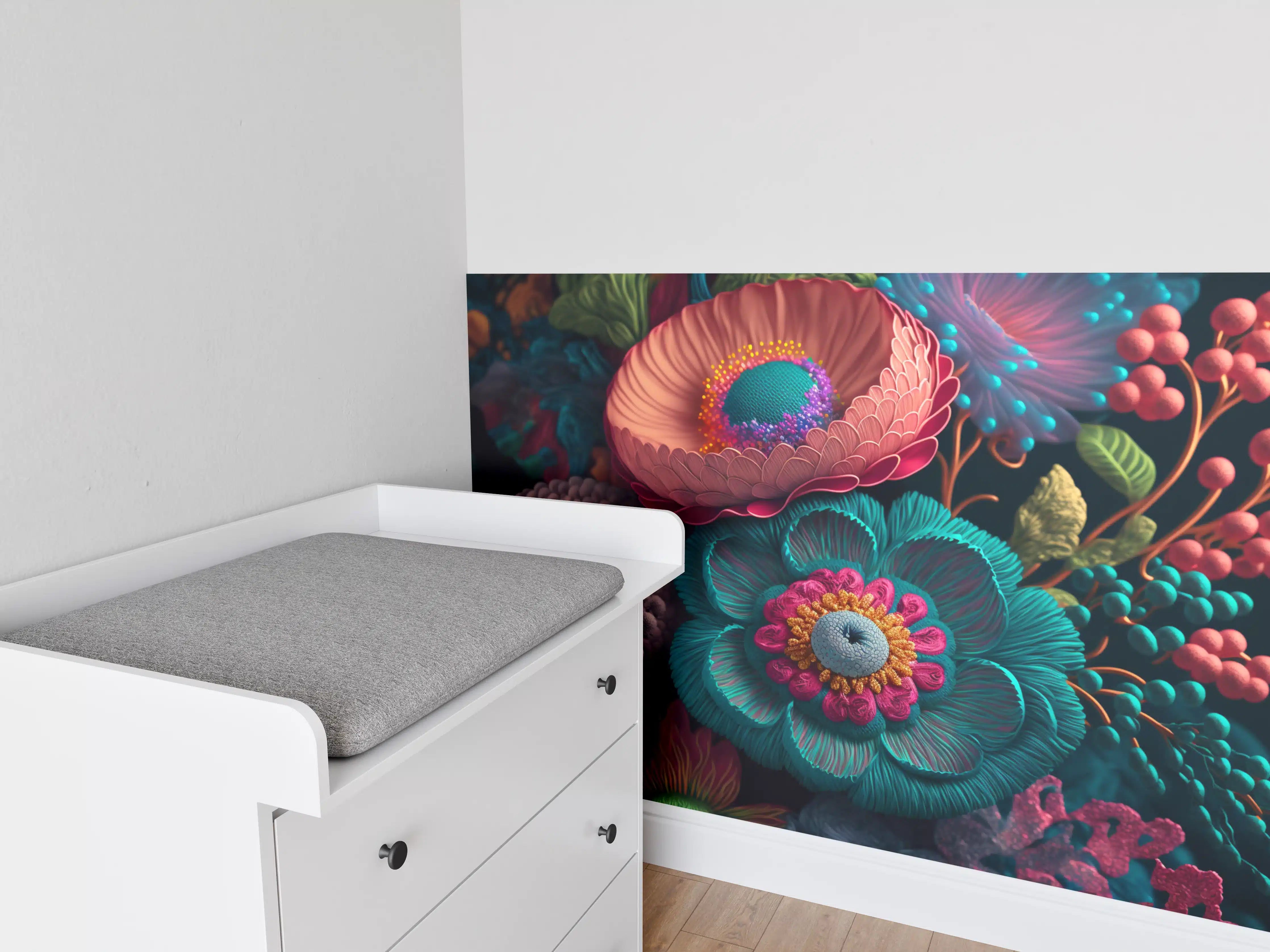 Babyzimmer Wandgestaltung - Bunte, detaillierte Makroaufnahme blühender Pflanzen