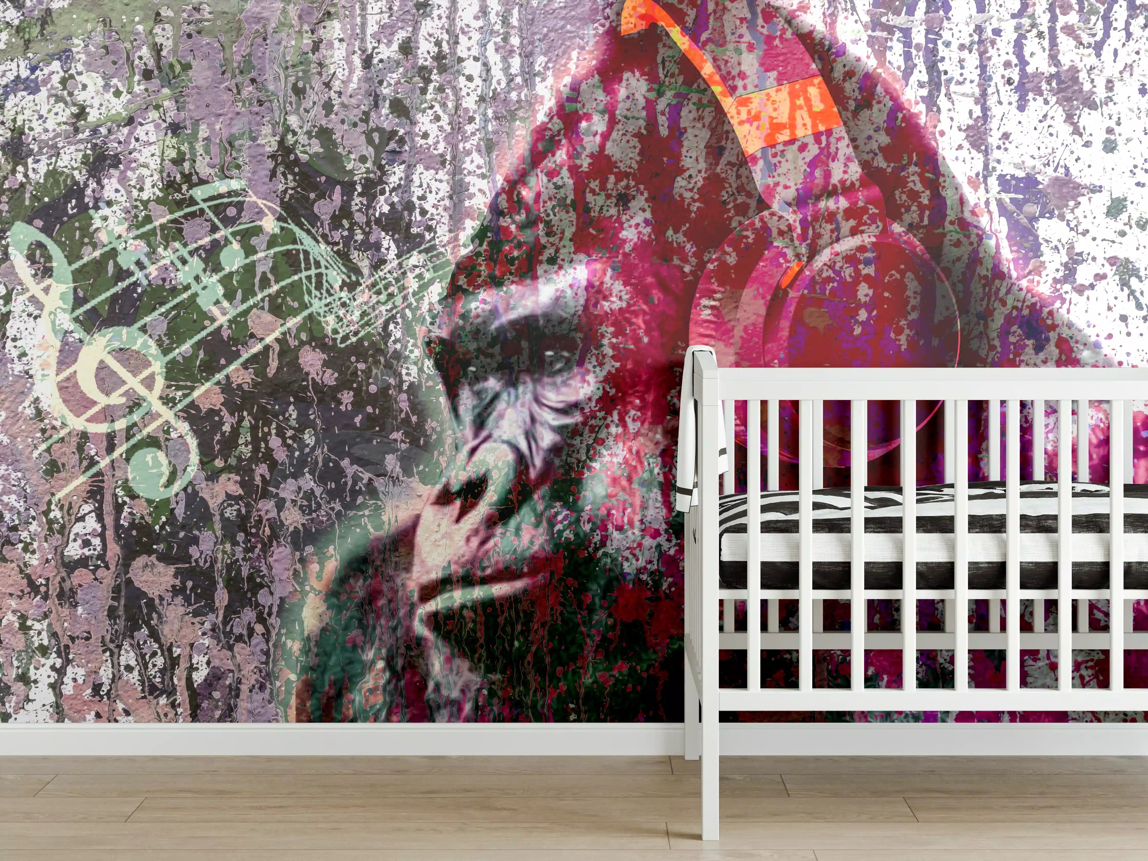 Babyzimmer Wandgestaltung - Bunter Affenkopf mit Musik-Elementen