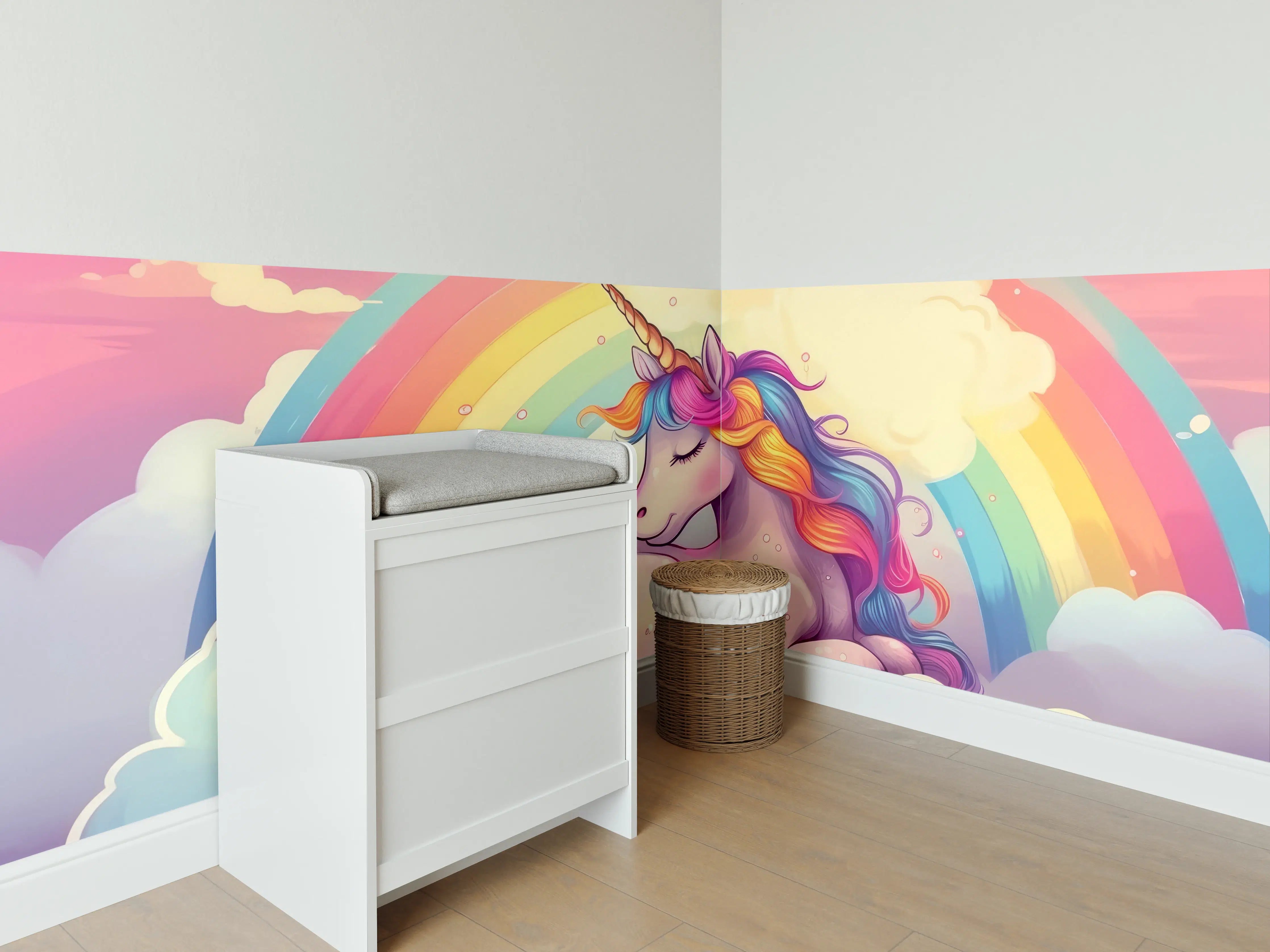 Babyzimmer Wandgestaltung - Bunter Einhorn mit Regenbogen und Wolken