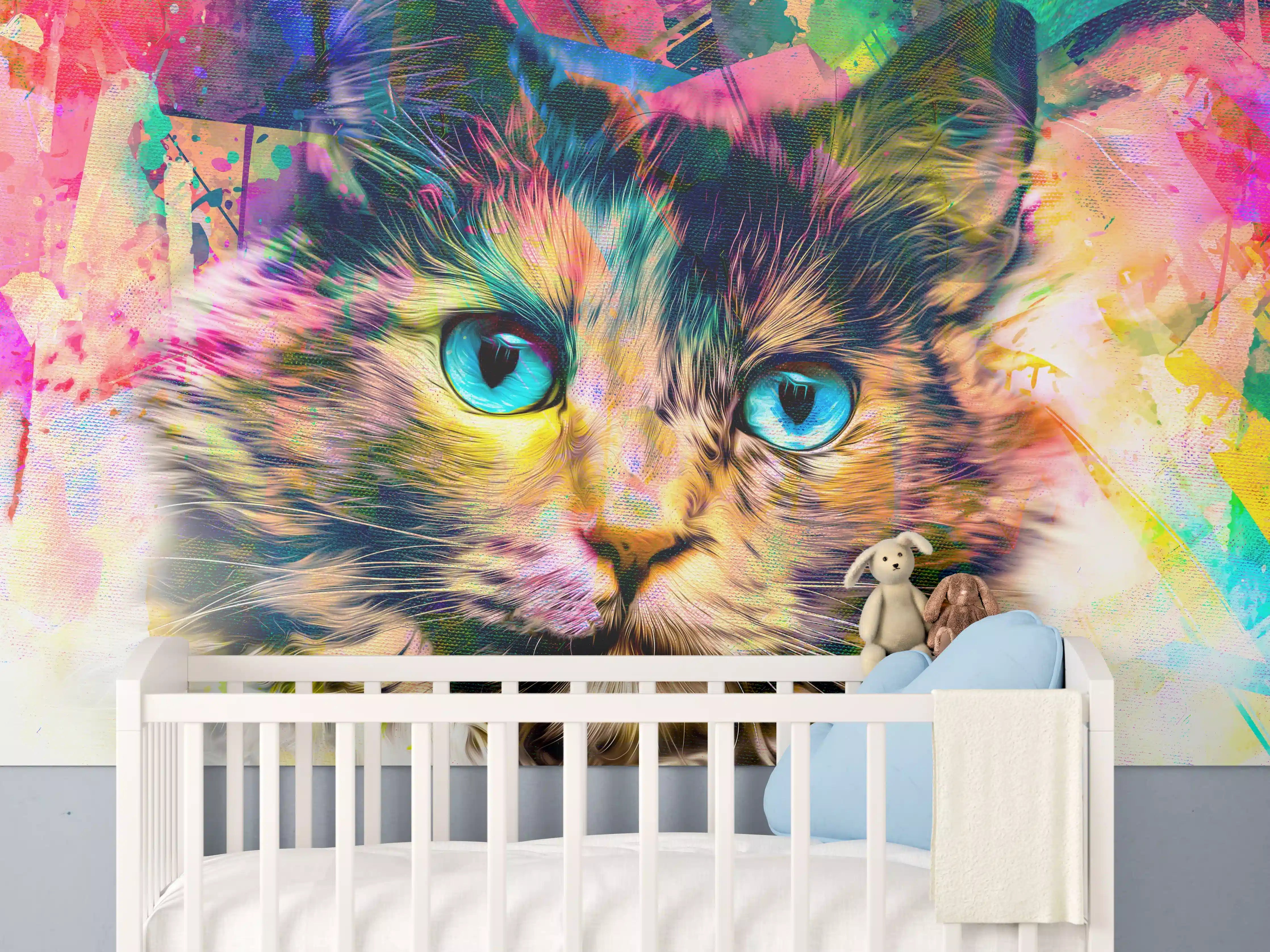 Babyzimmer Wandgestaltung - Bunter Katzenkopf mit abstrakten Elementen