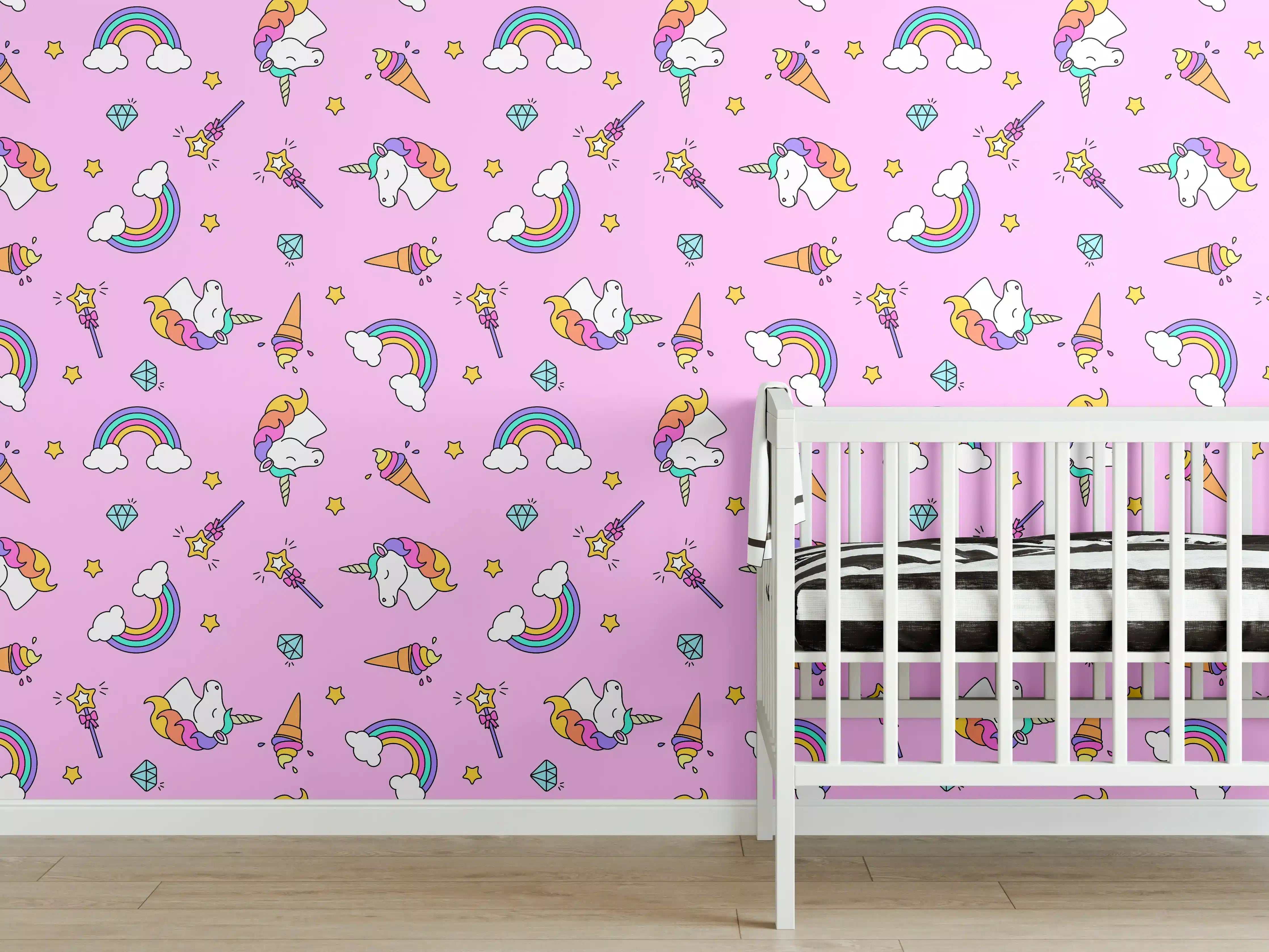 Babyzimmer Wandgestaltung - Bunter Kindertraum mit Einhörnern und Regenbögen