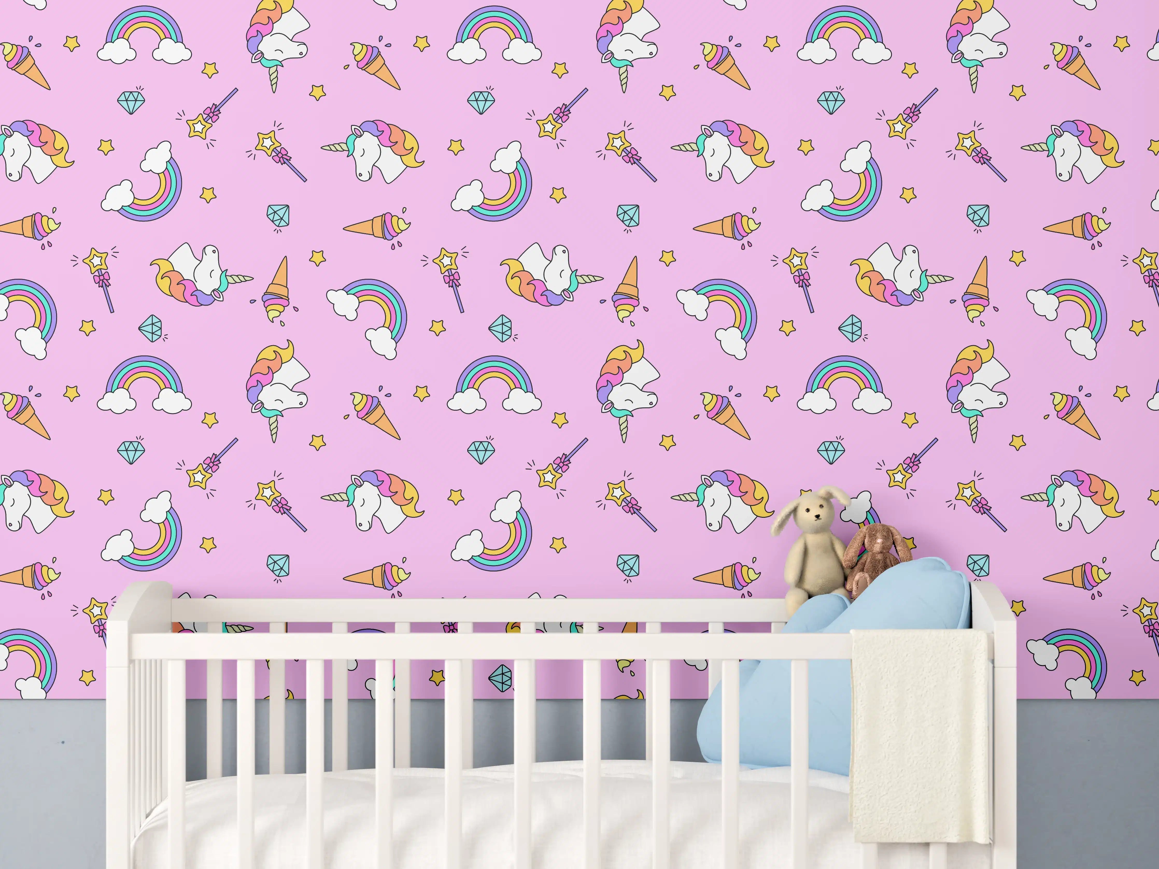 Babyzimmer Wandgestaltung - Bunter Kindertraum mit Einhörnern und Regenbögen