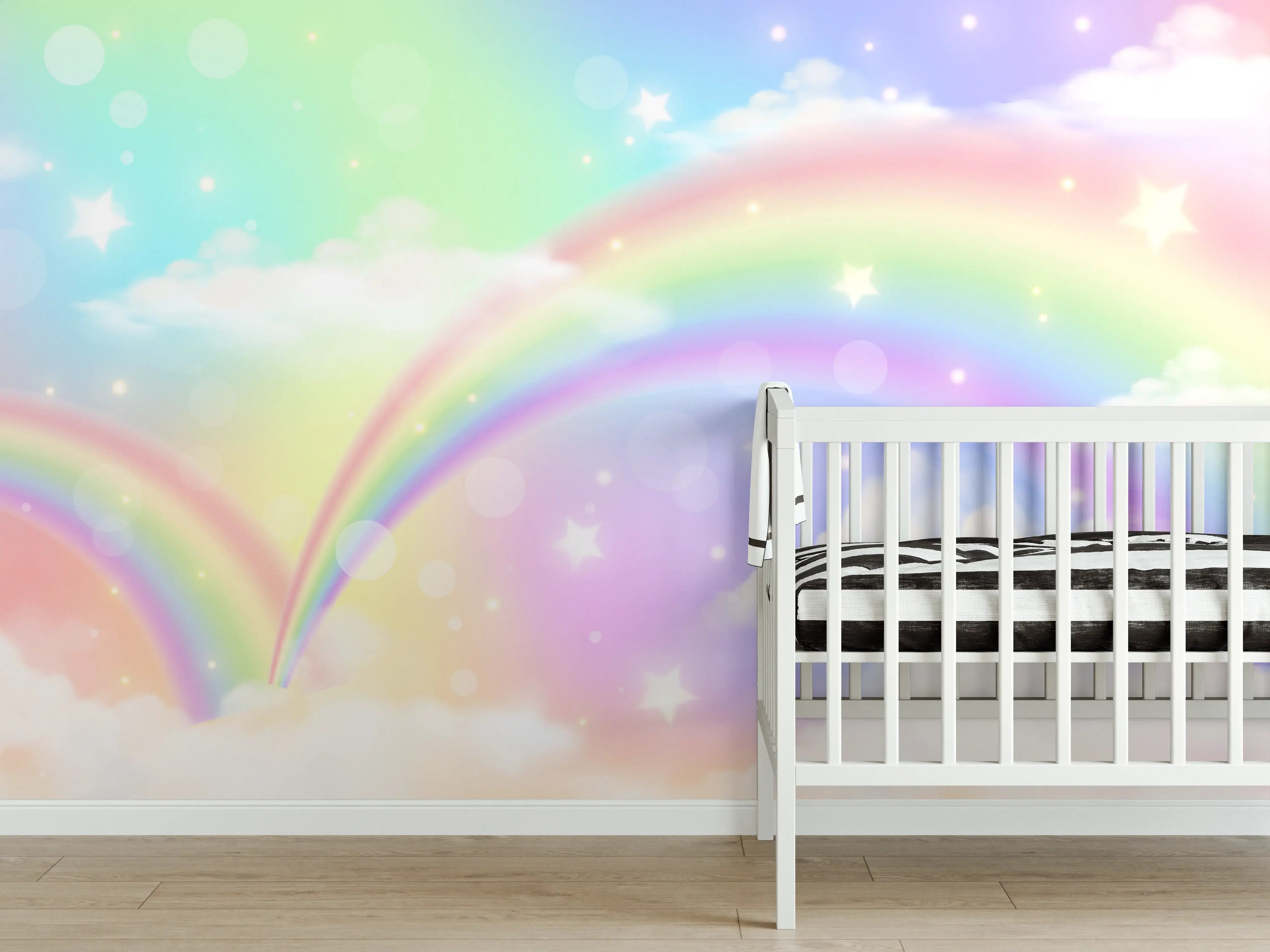 Babyzimmer Wandgestaltung - Bunter Regenbogen über Wolken
