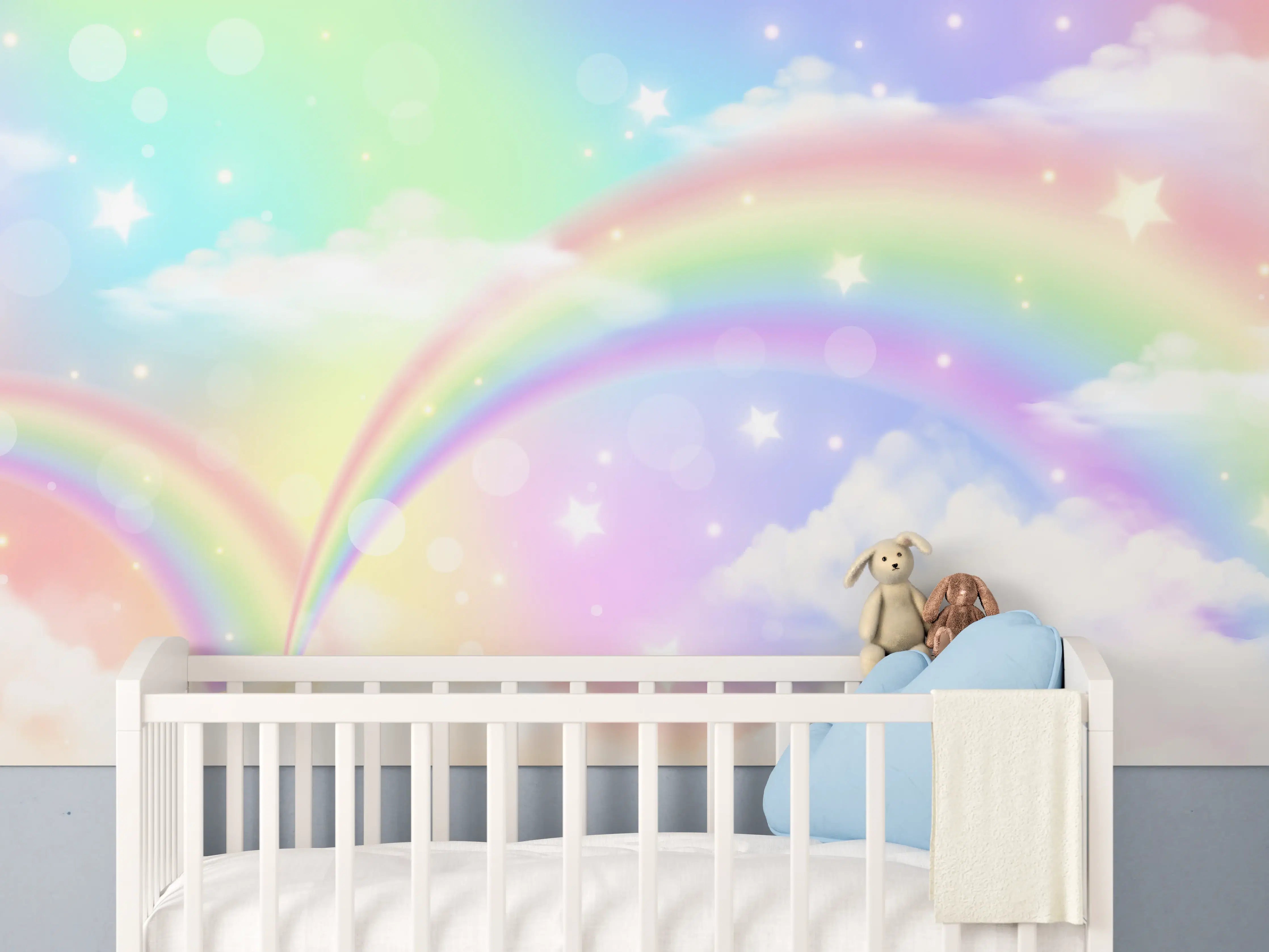 Babyzimmer Wandgestaltung - Bunter Regenbogen über Wolken