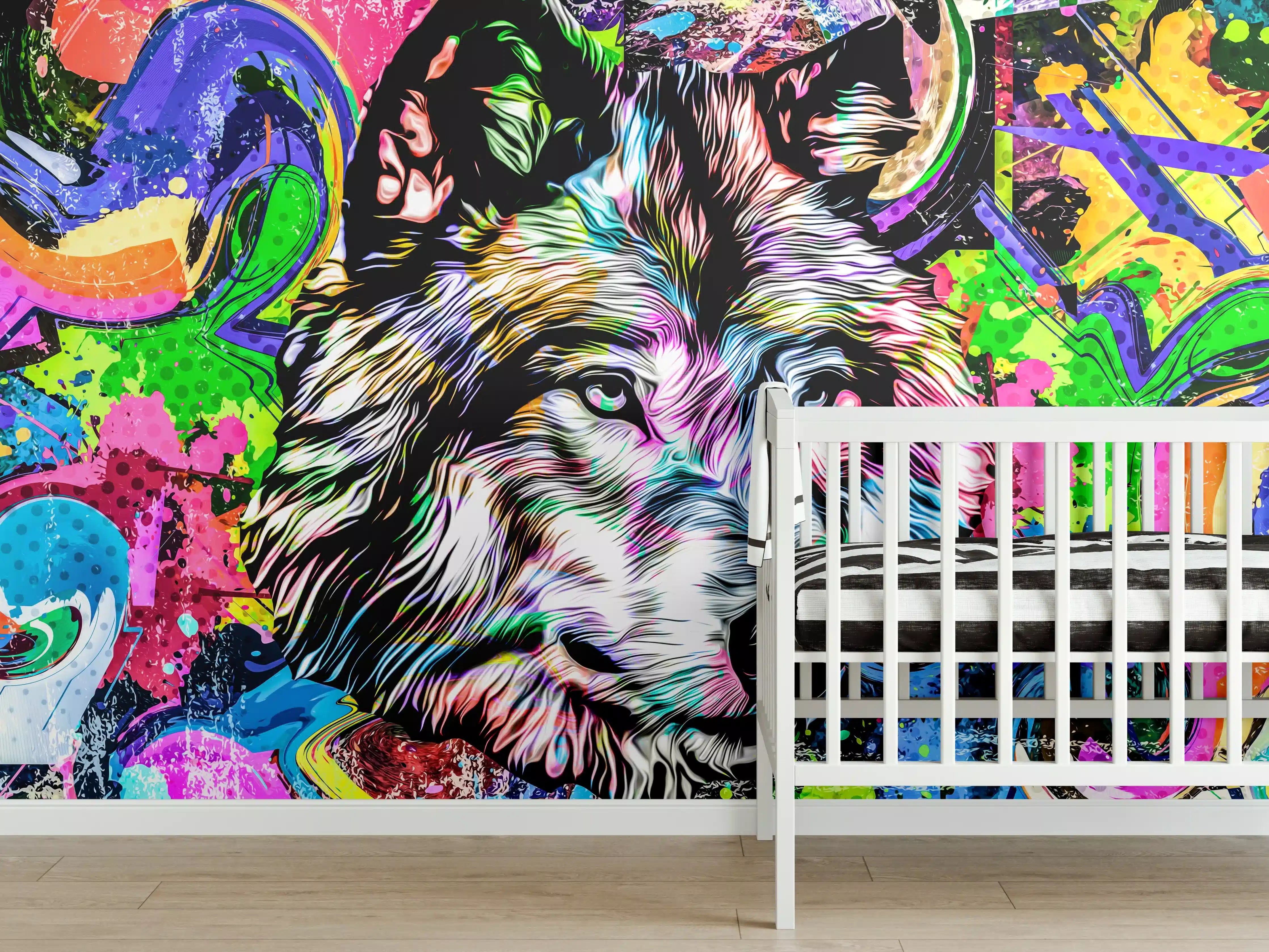 Babyzimmer Wandgestaltung - Bunter Wolfskopf mit abstrakten Elementen