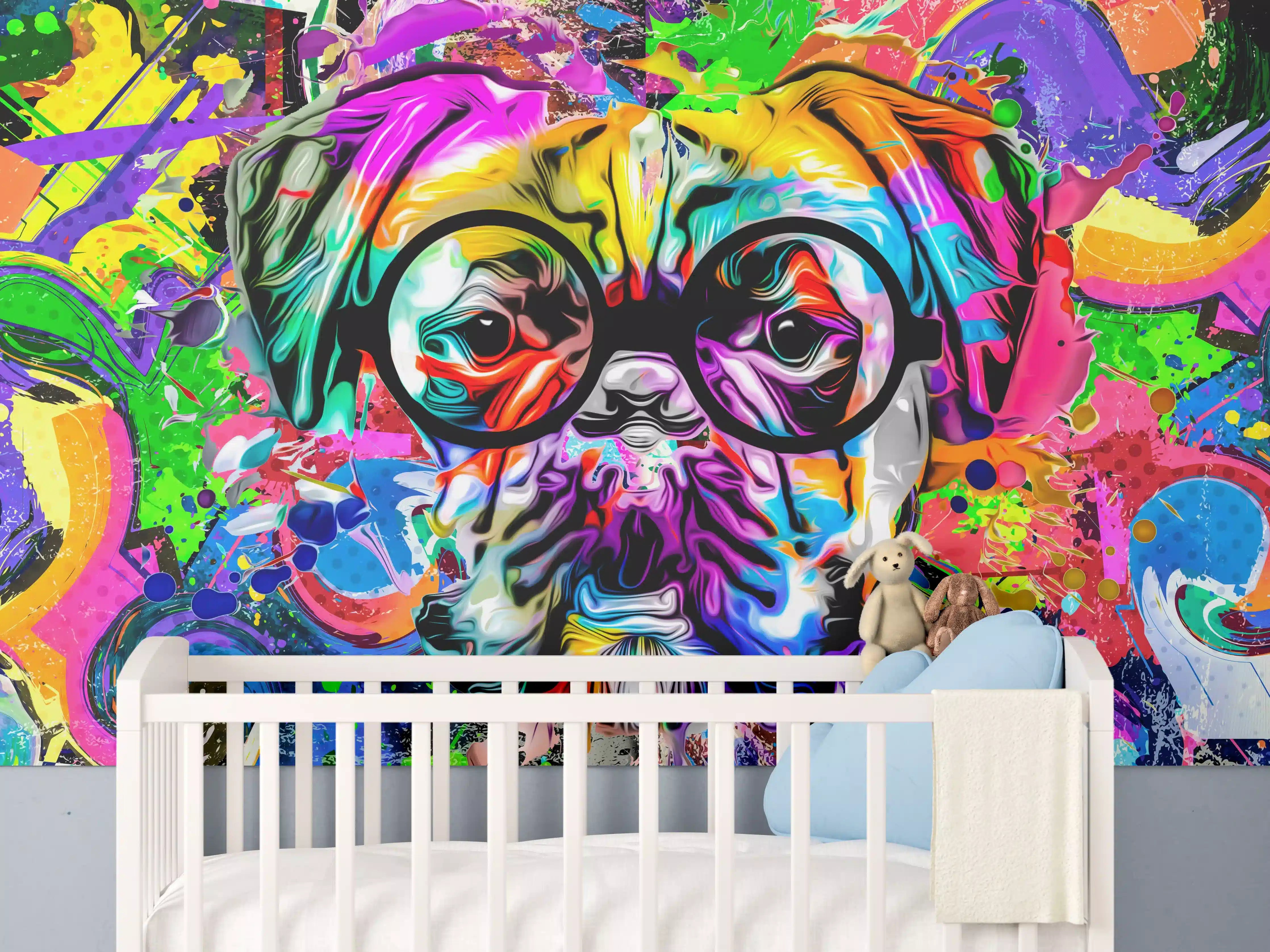 Babyzimmer Wandgestaltung - Bunter abstrakter Hundekopf mit Brille