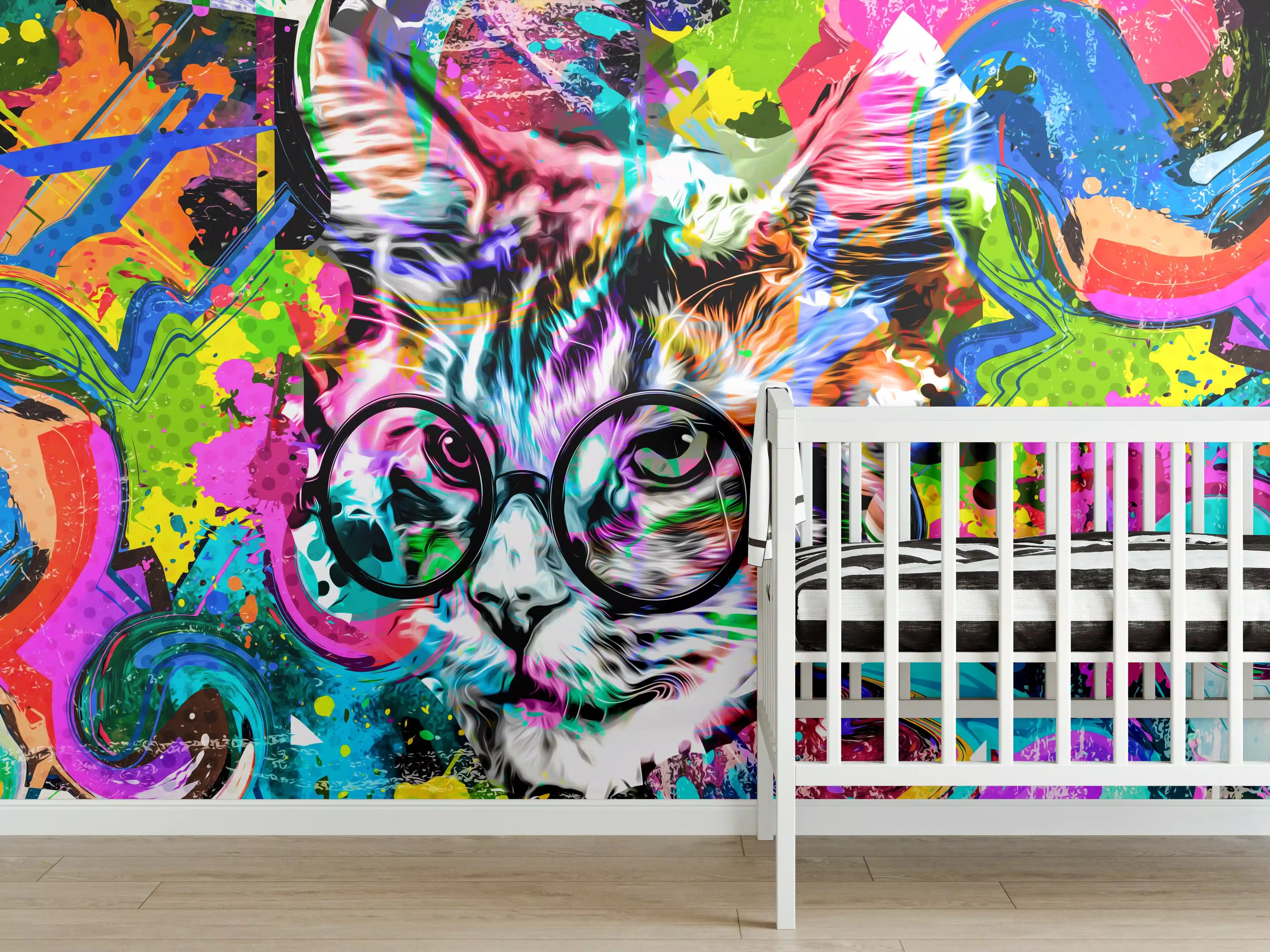 Babyzimmer Wandgestaltung - Bunter abstrakter Katzenkopf mit Brille