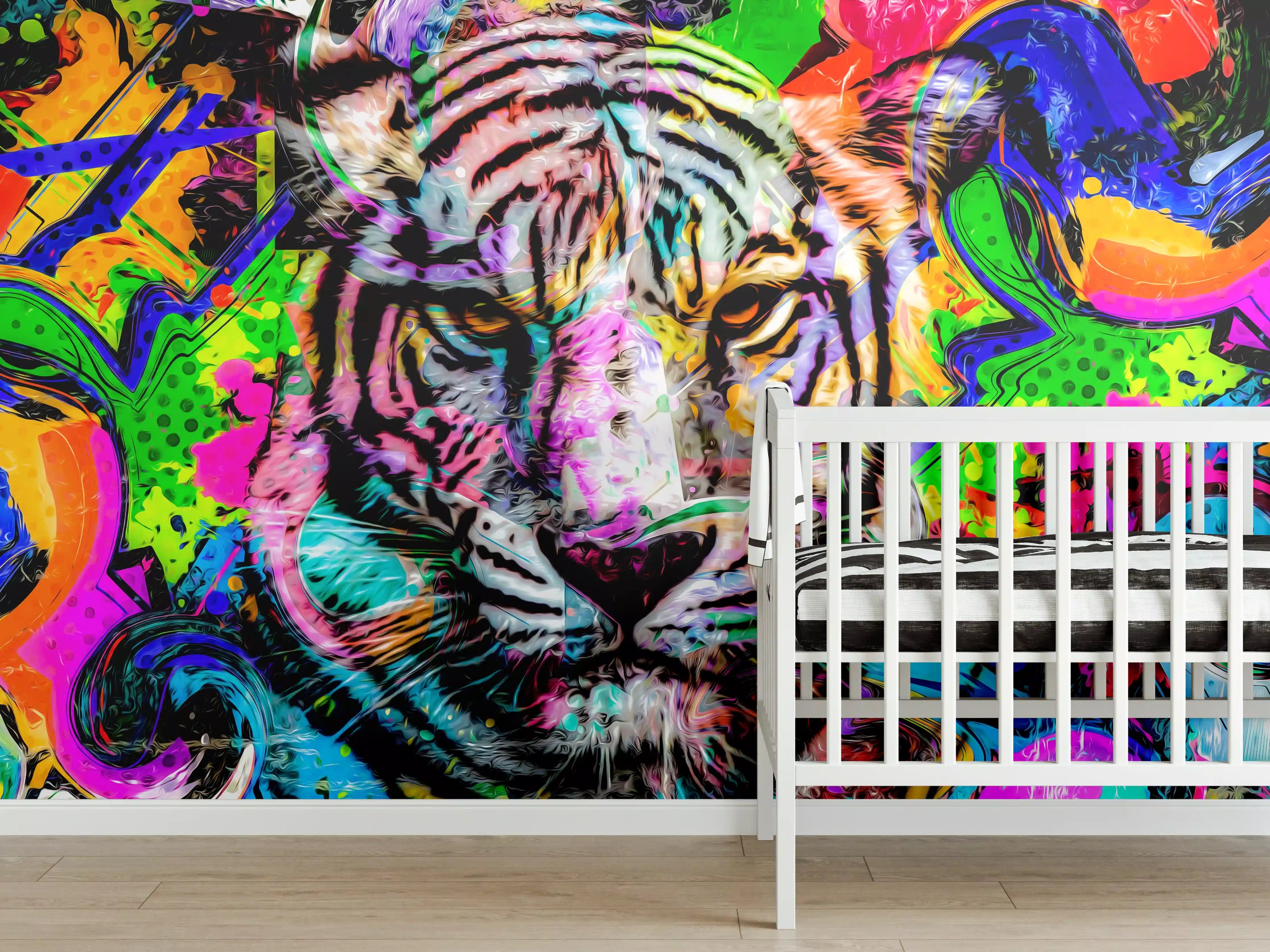 Babyzimmer Wandgestaltung - Bunter abstrakter Tigerkopf