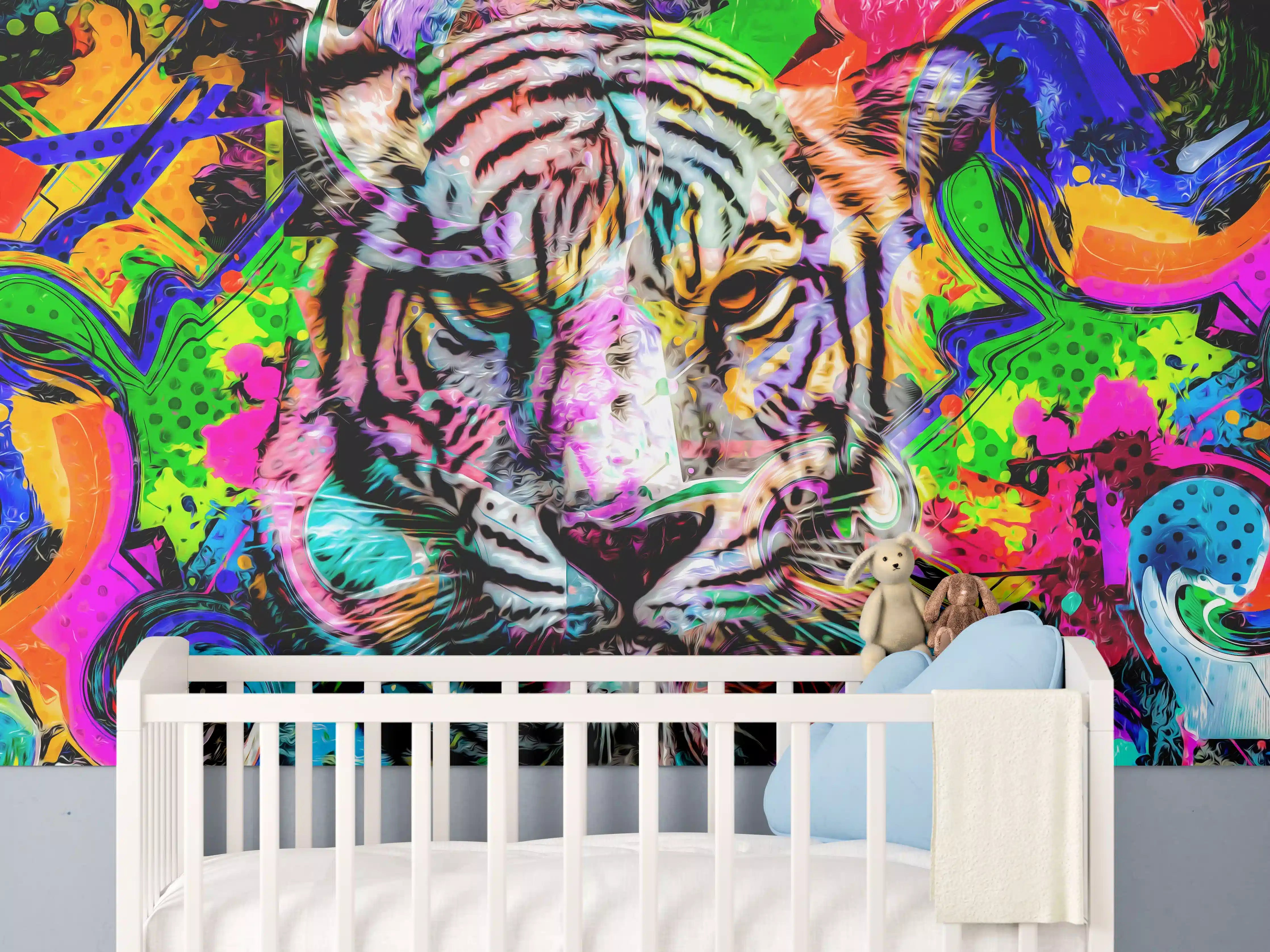 Babyzimmer Wandgestaltung - Bunter abstrakter Tigerkopf