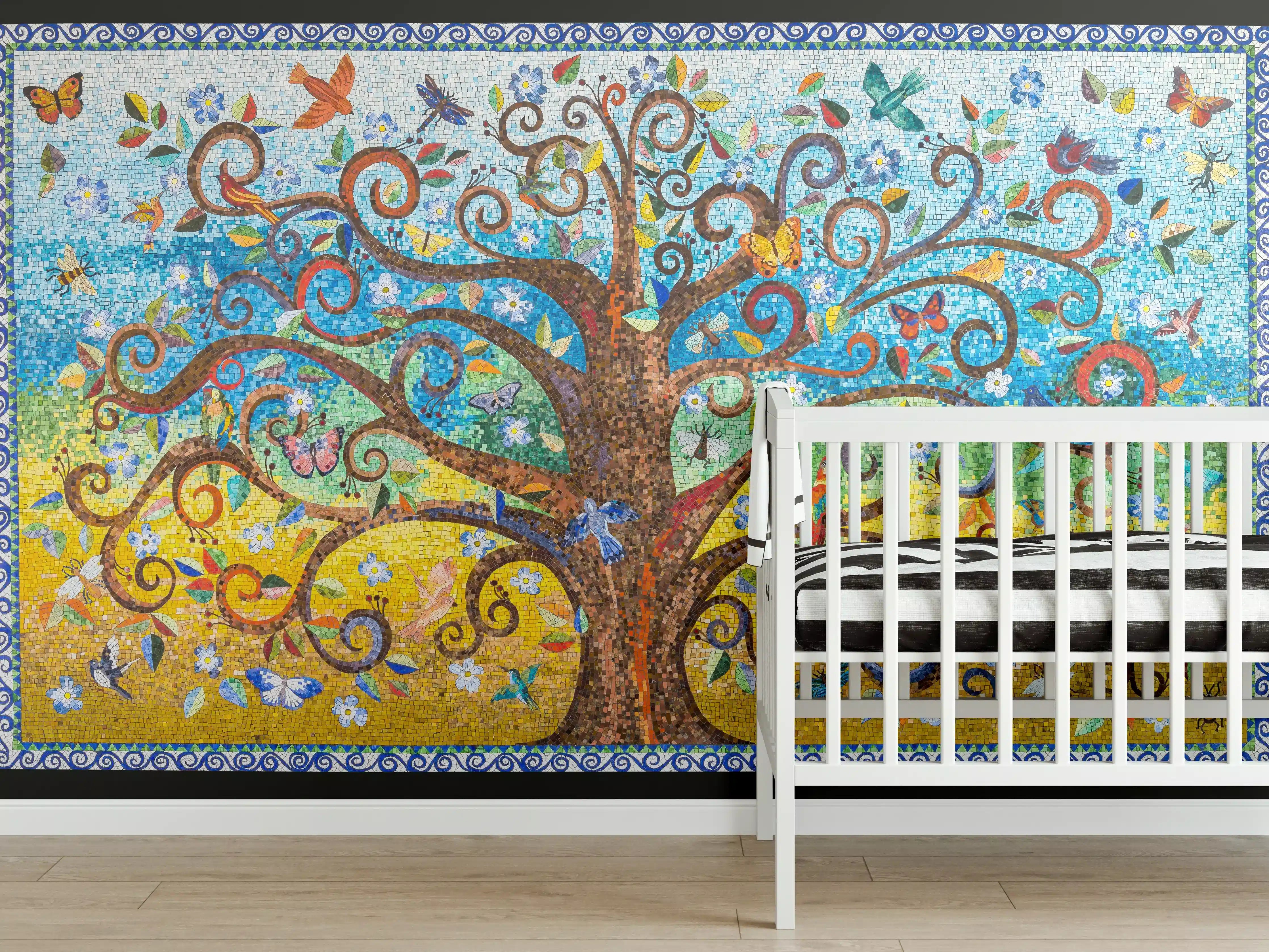 Babyzimmer Wandgestaltung - Buntes Baum Mosaik Kunstwerk