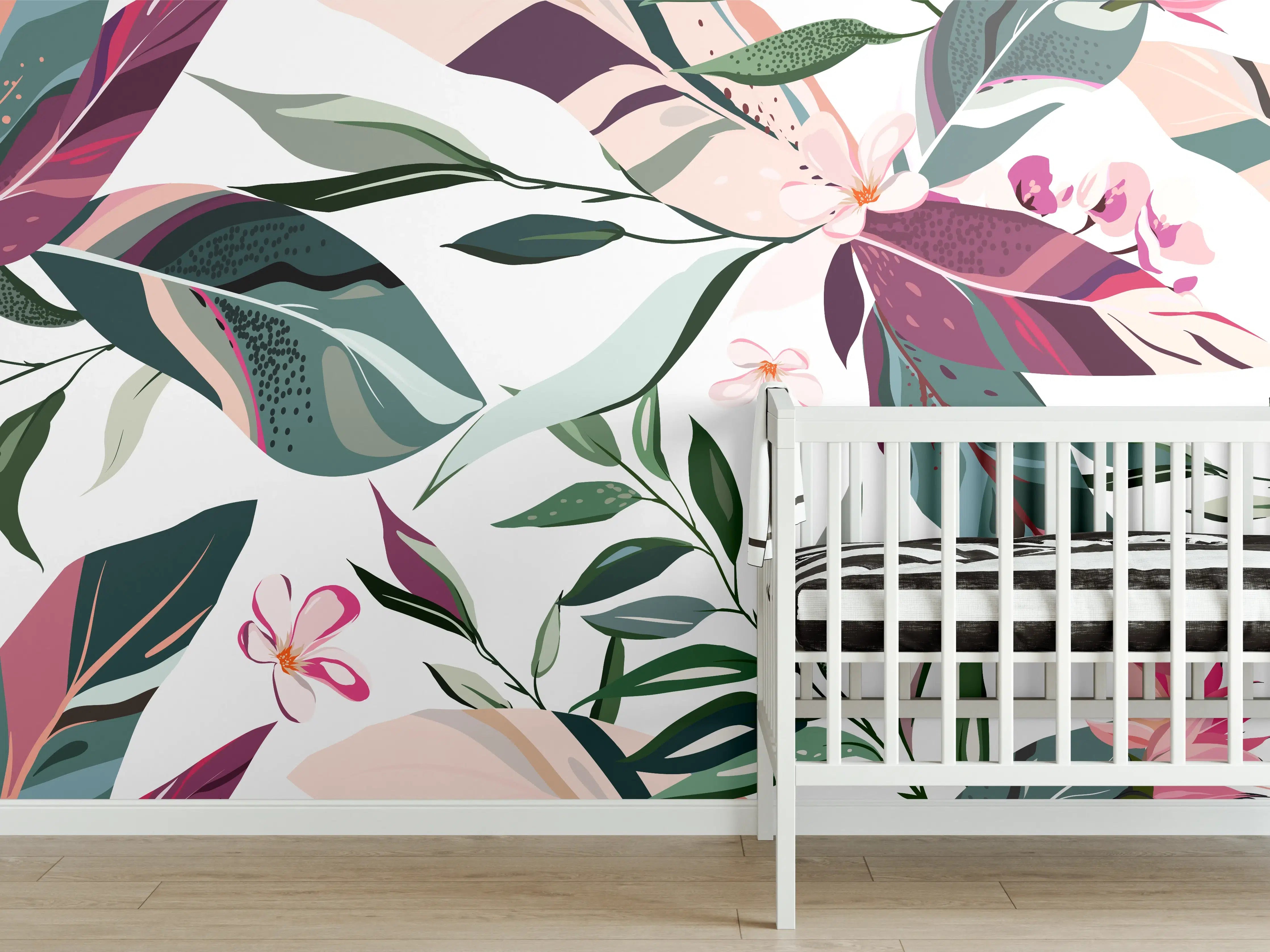 Babyzimmer Wandgestaltung - Buntes Blumen-Pflanzen Muster