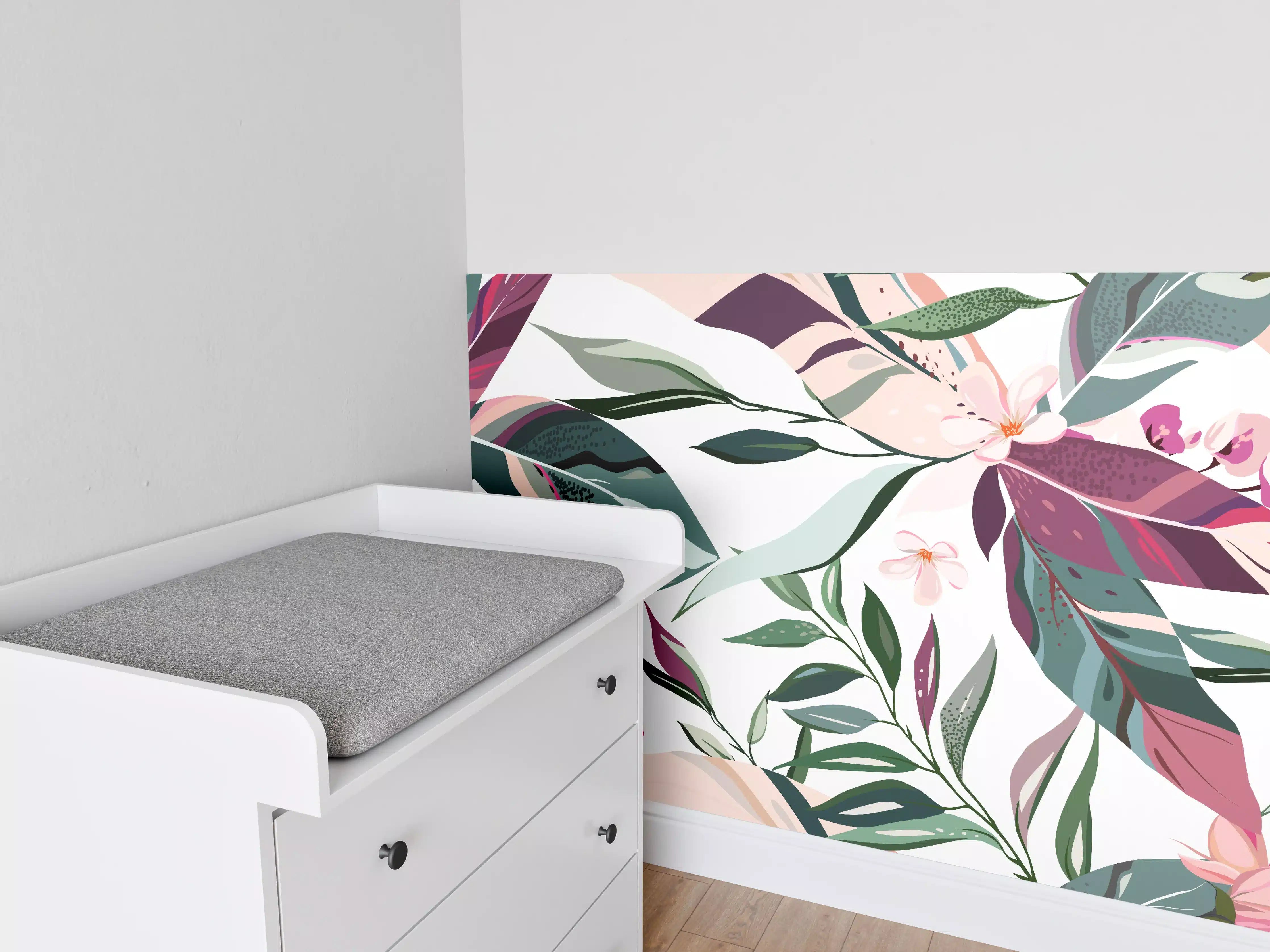 Babyzimmer Wandgestaltung - Buntes Blumen-Pflanzen Muster